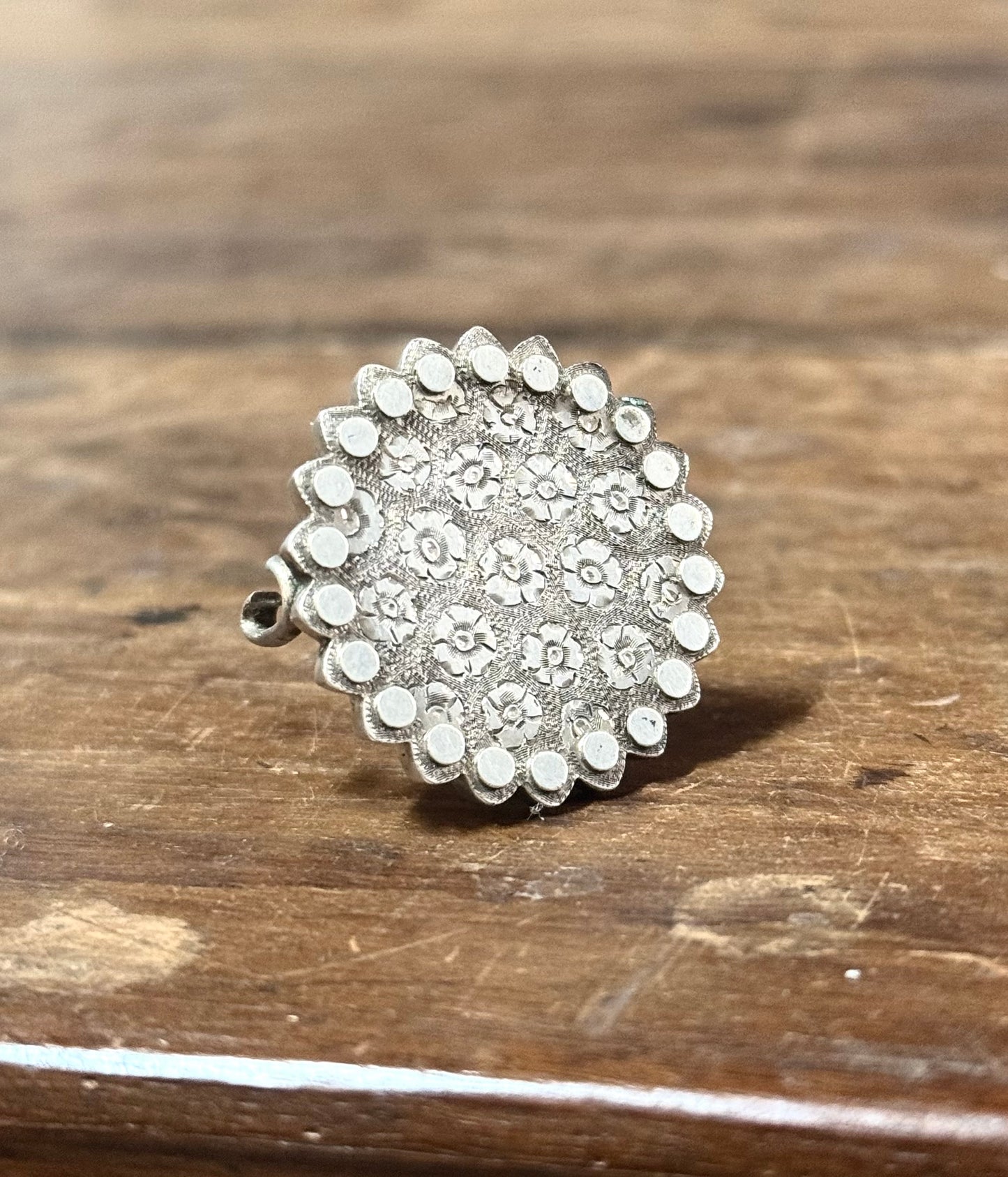 .1800s .1880s .1890s .925 Etruscan revival Victorian silver floral engraved target circle brooch locket