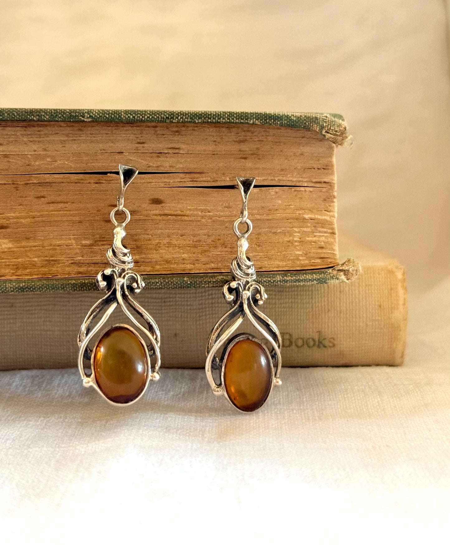 .925 Baltic Amber gemstone romantic antique revival sterling silver drop dangle earrings