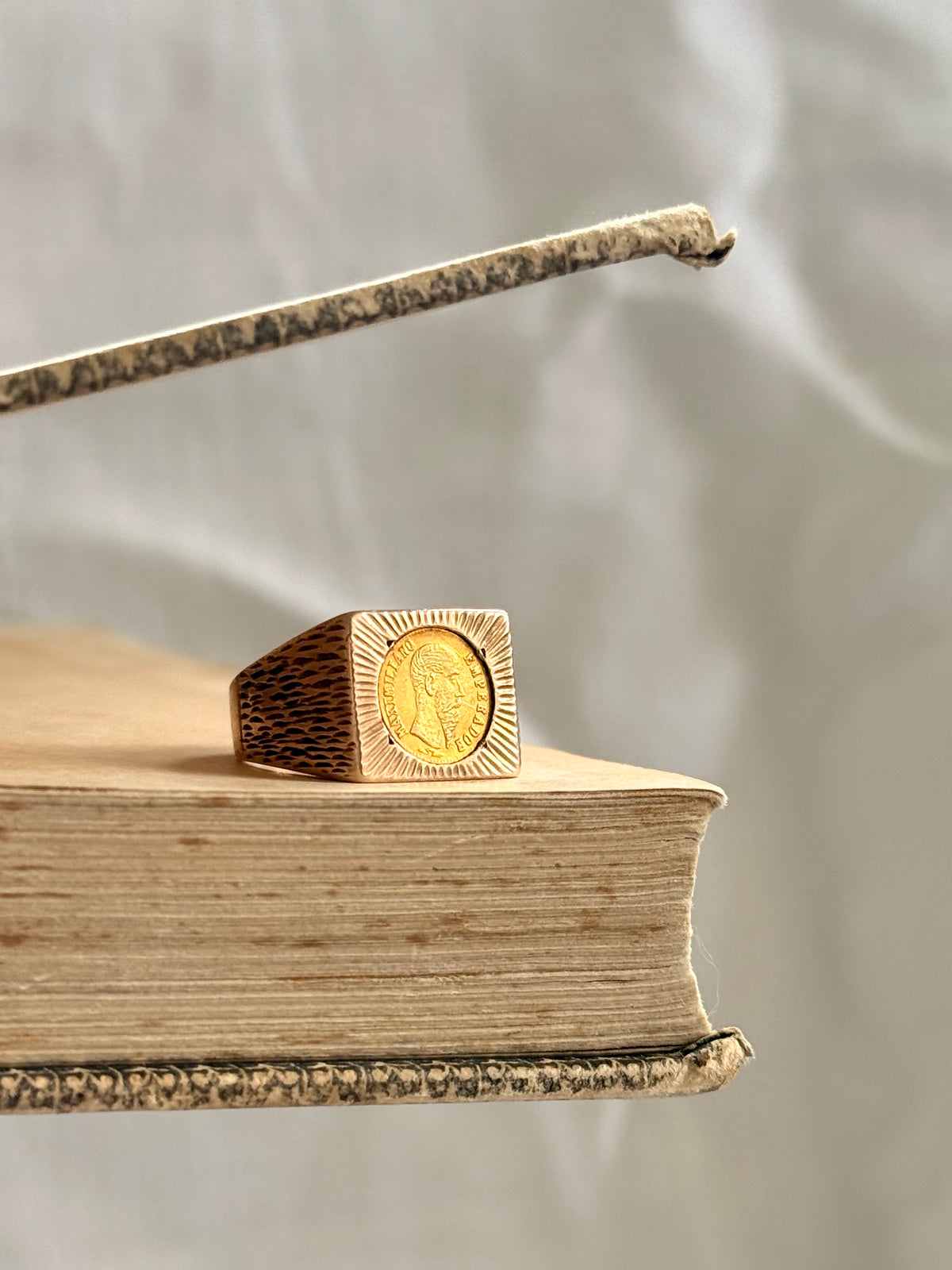 .1960s circa .1865 .375 .9ct gold modernist coin token ring with 22k Mexican circa 1865 high carat gold Emperor Maximiliano collectors coin token