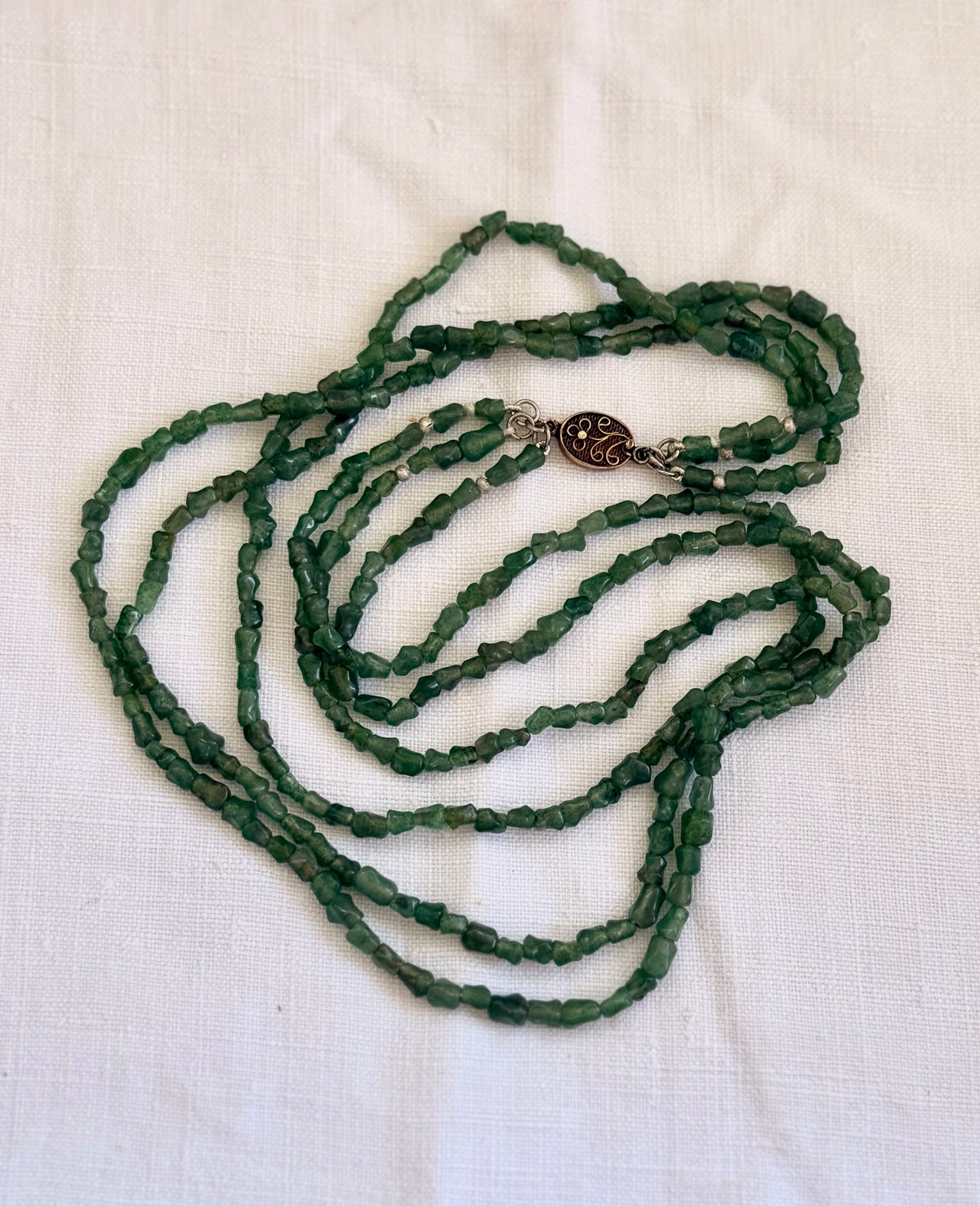 .1920s .1930s .1940s Chinese Aventurine “old Jade” Multi strand hand carved silver bamboo link export silver box clasp collectors necklace