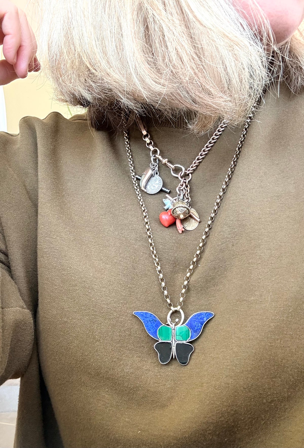 .1970s .1980s .925 South American Arts & Crafts Lapis Lazuli, Onyx, Malachite gemstone large butterfly brooch pendant treasure