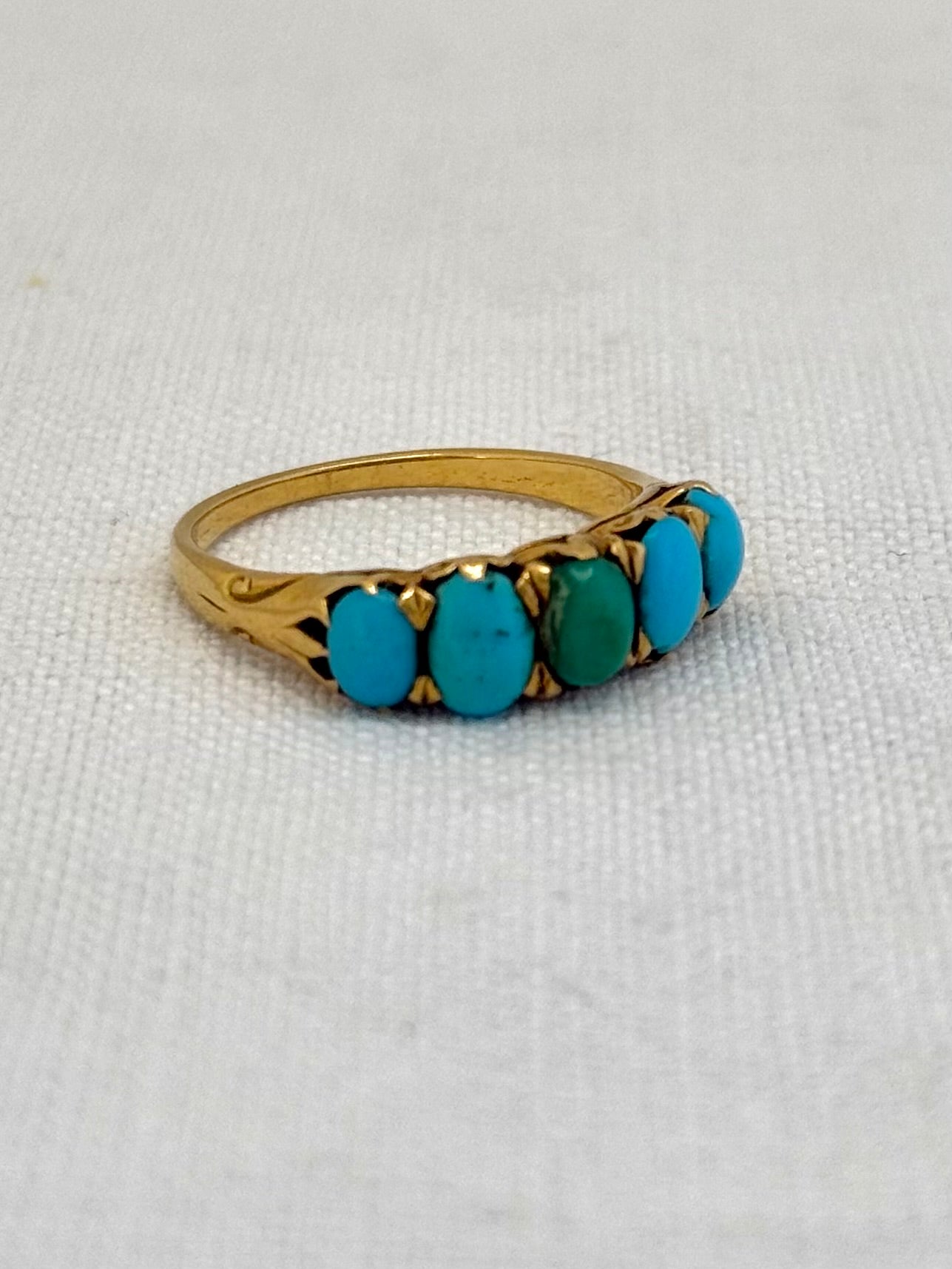 .18ct .1890s .5 turquoise Victorian blue gemstone half eternity high carat gold dress ring
