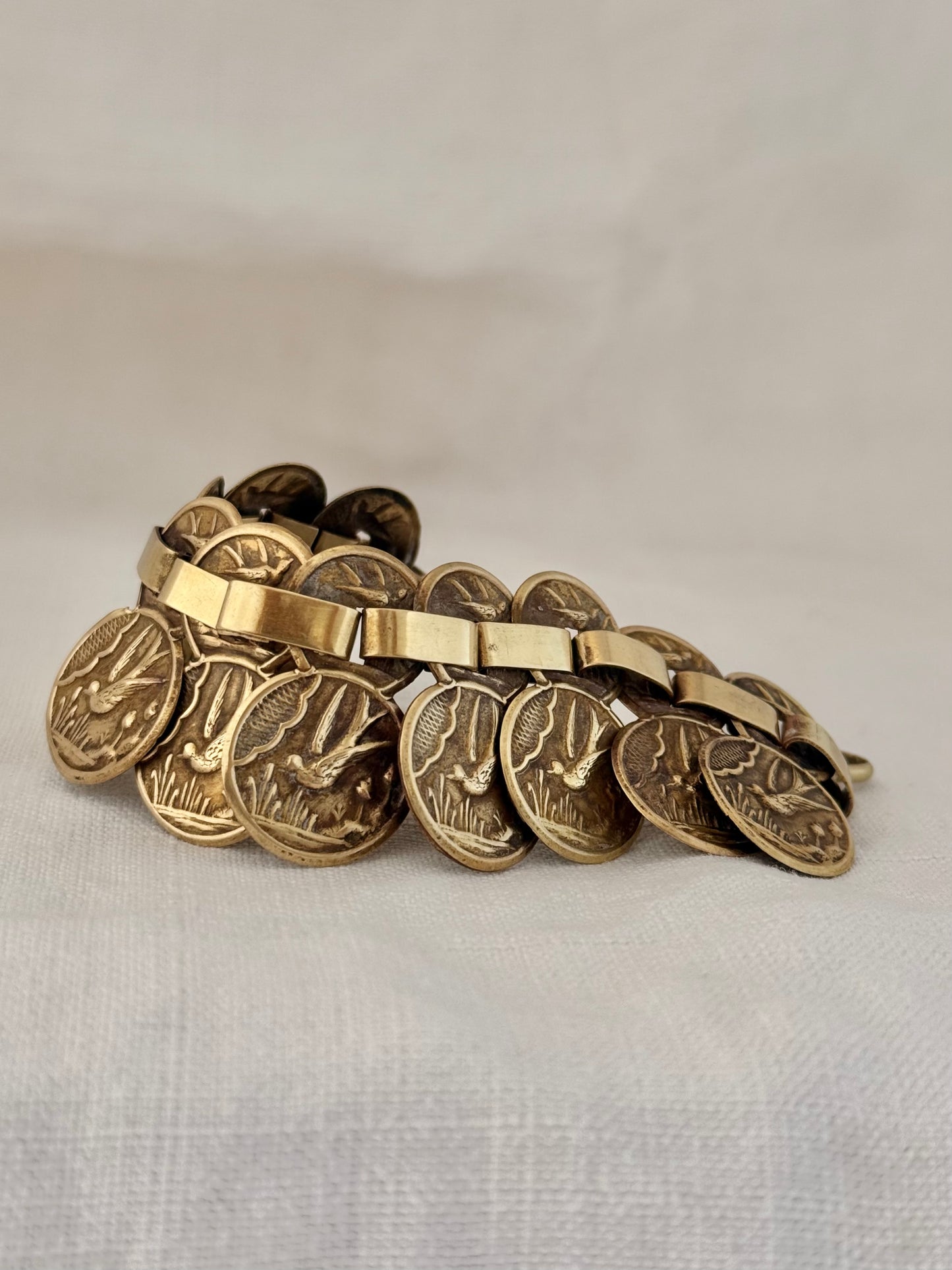 .1880s antique aesthetic movement book link Victorian Gold tone brass Swallow and Swift Sweetheart panel bracelet