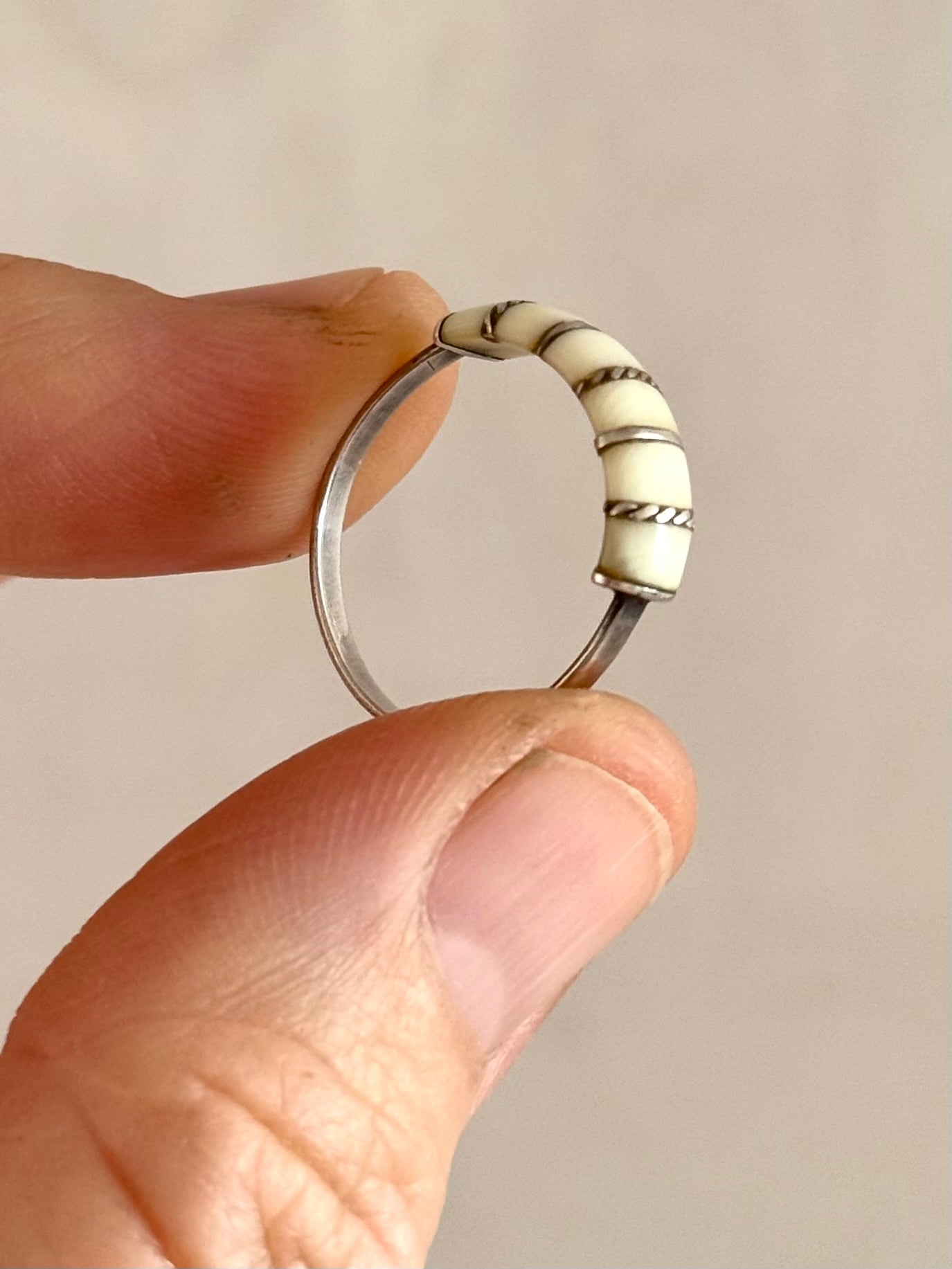 .1960s .1970s .925 artisan silver architectural ivory inlay ring band stackable silver ring