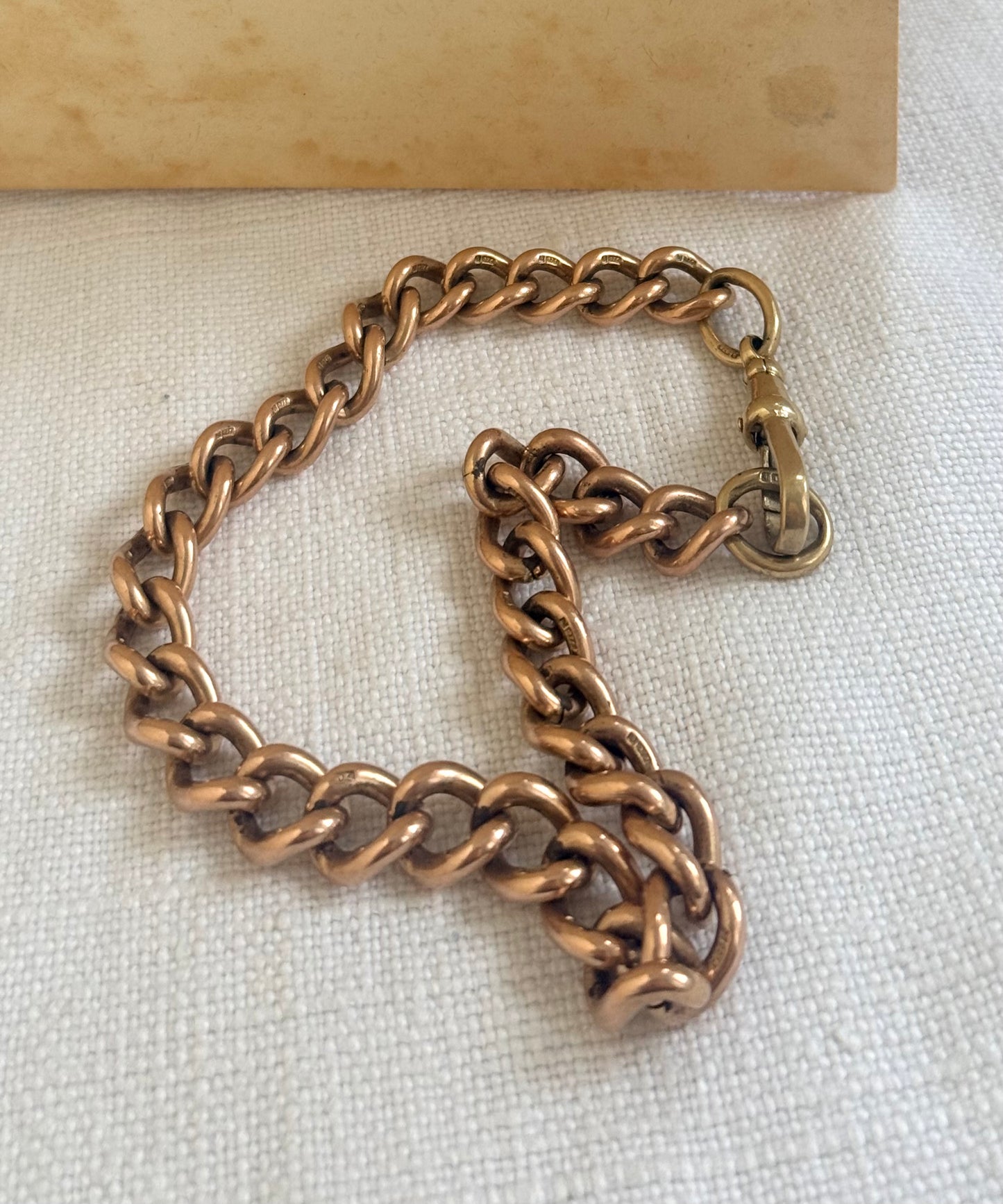 .375 .9ct solid rose gold heirloom English hallmarked 9ct gold fob chain curb chain bracelet extension link