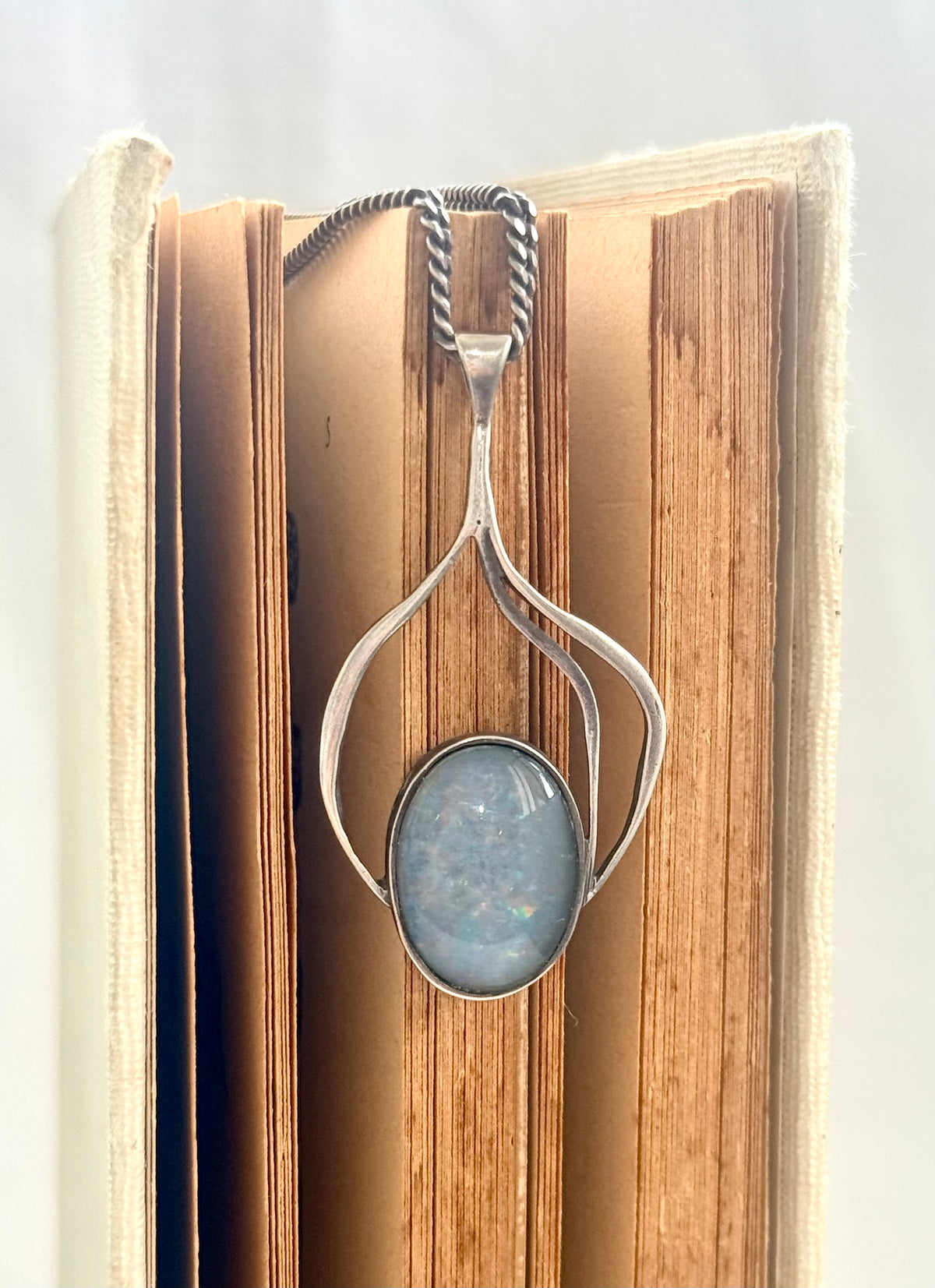 .1970s .925 modernist Blue Galaxy Opal gemstone pendant on solid retro flat curb chain necklace