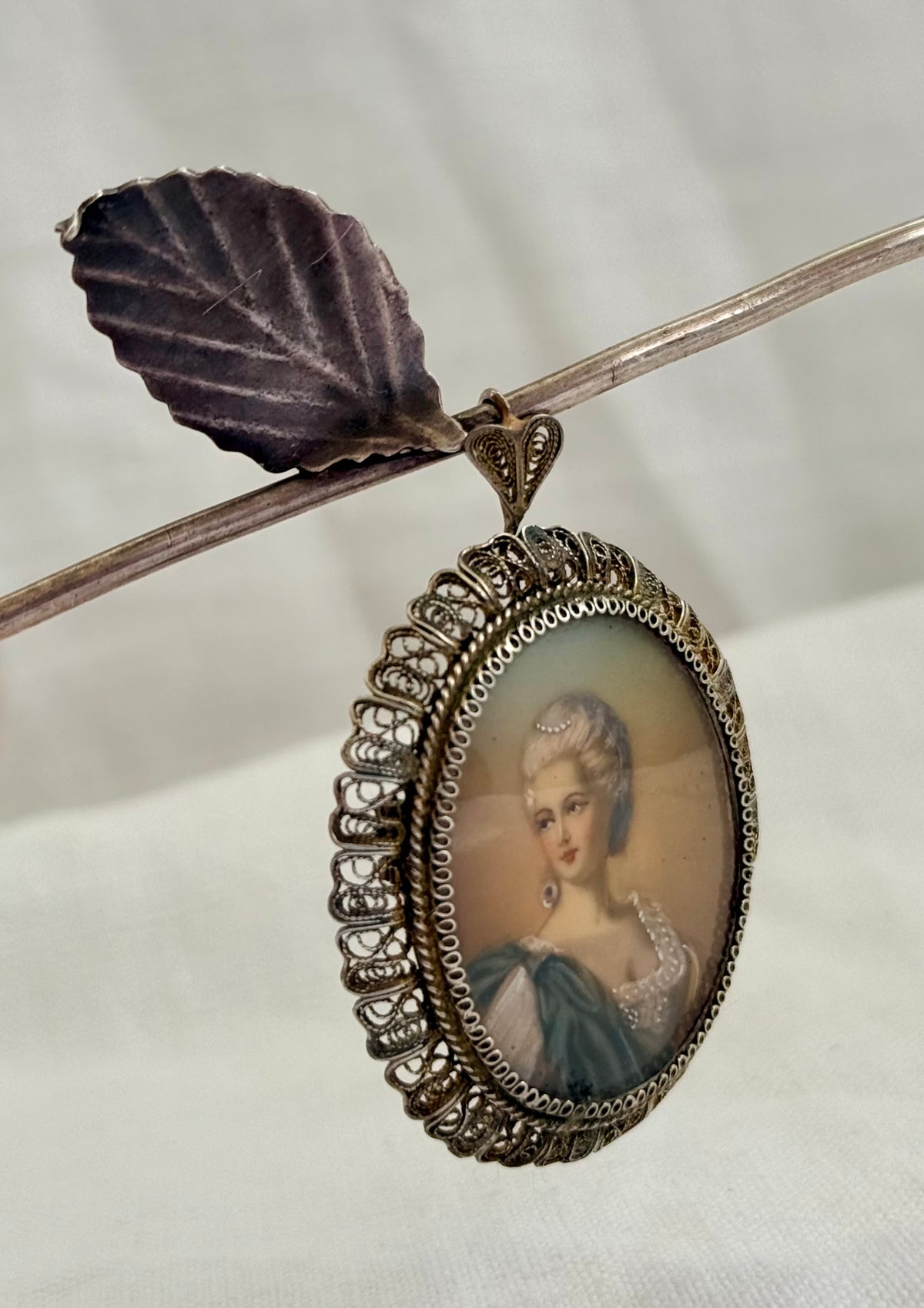 .1930s .1940s .800 Artist gold and silver incredible hand painted miniature Baroque revival portrait in fine silver filigree brooch and pendant