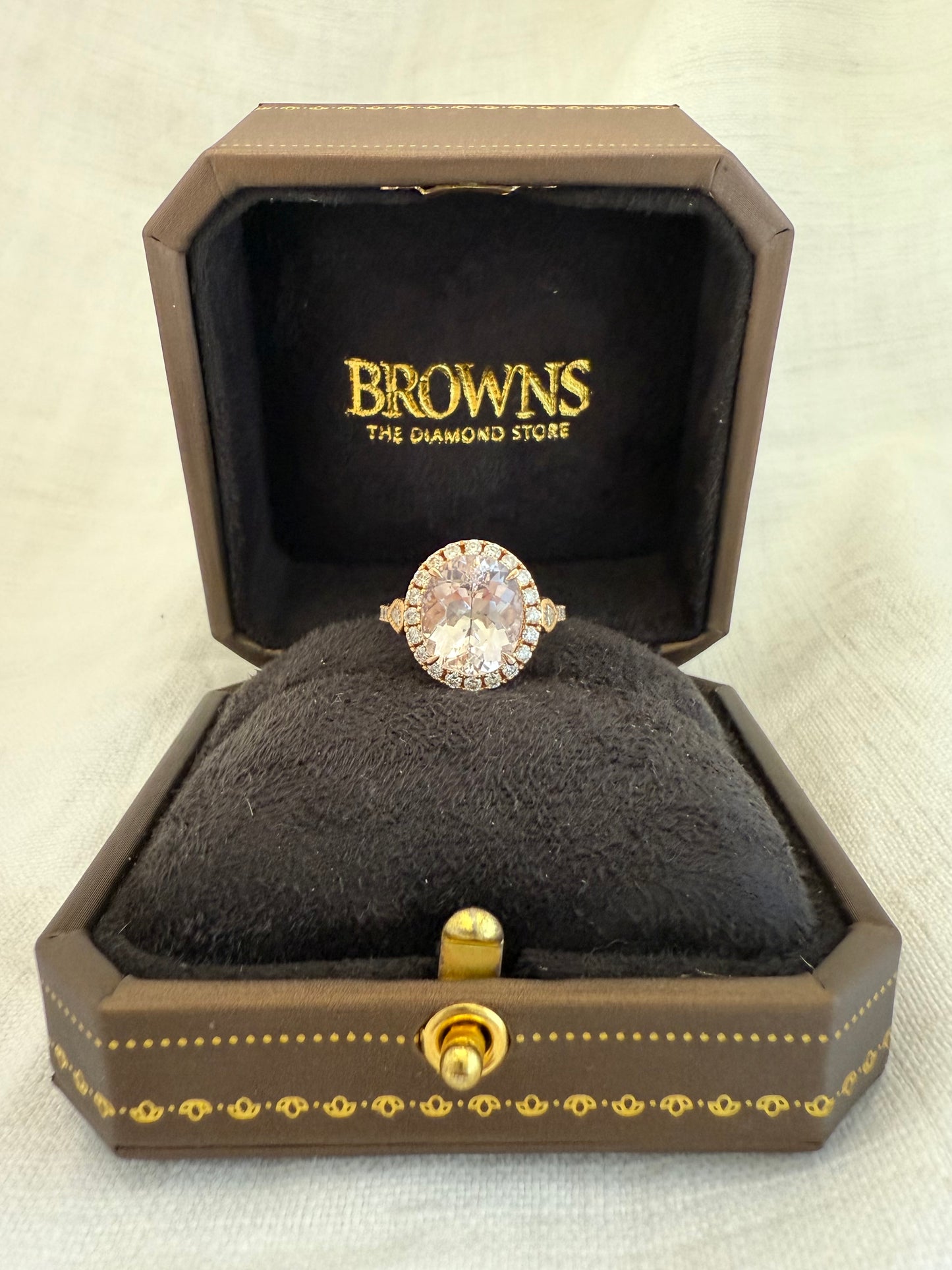 0.85ct 30 Diamond and Browns designer large Oval Pink Morganite gemstone 18ct luxury gold halo ring