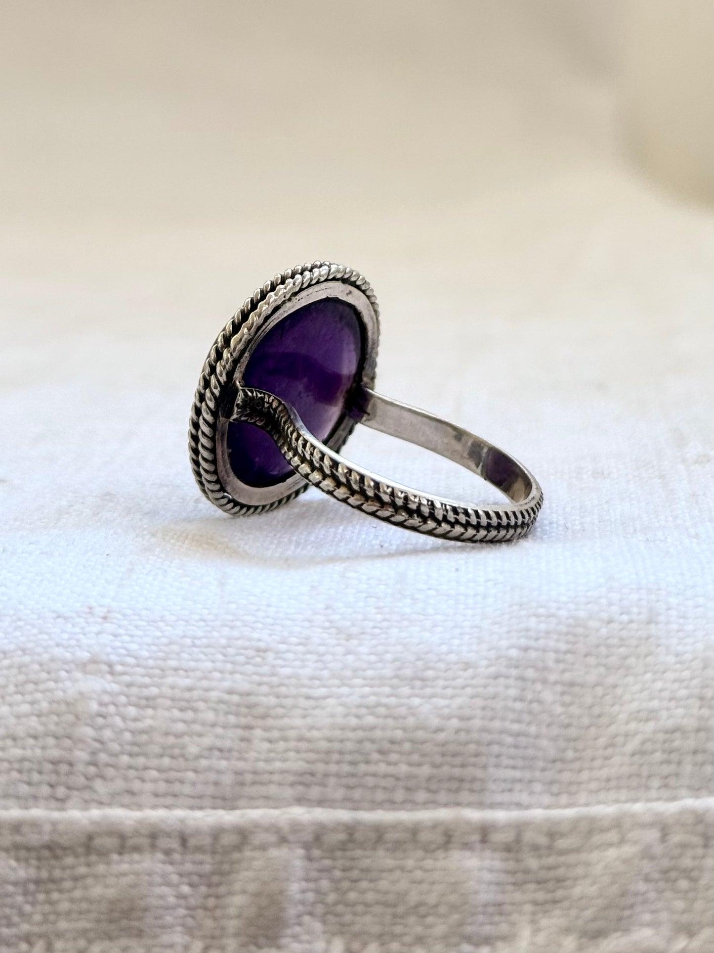 .925 Amethyst cabochon artisan made February birthstone hand crafted large traditional silver craftsman sterling silver statement ring