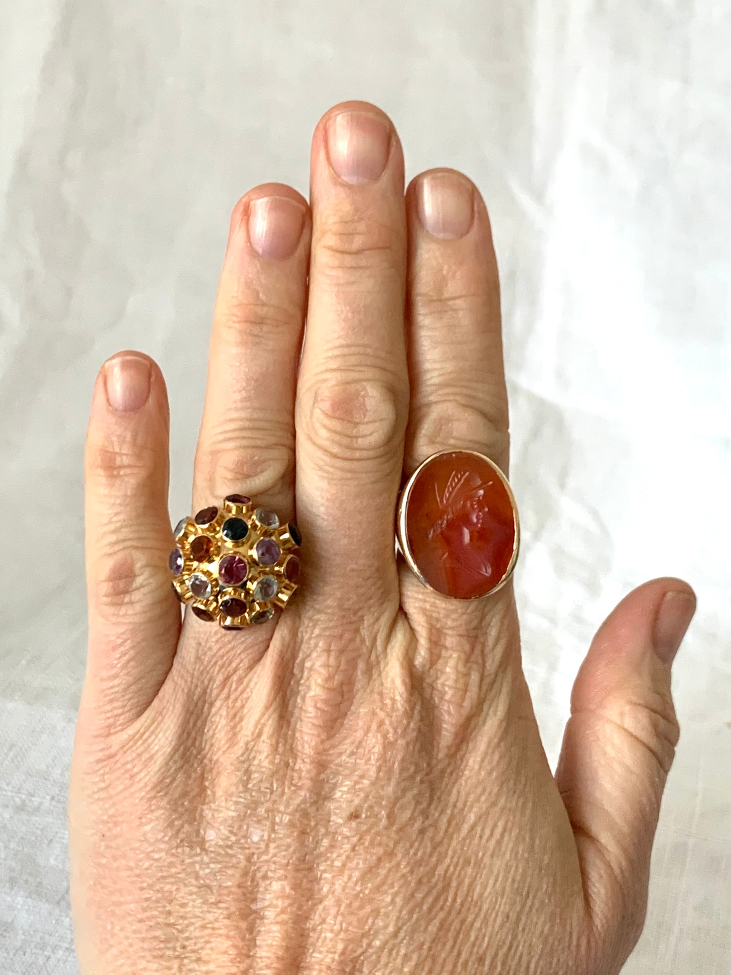.18ct .1950s gloriuous Mid Century Modern yellow gold Sputnik gemstone studded designer studio made domed round ball 19 colourful multi gemstone cocktail ring
