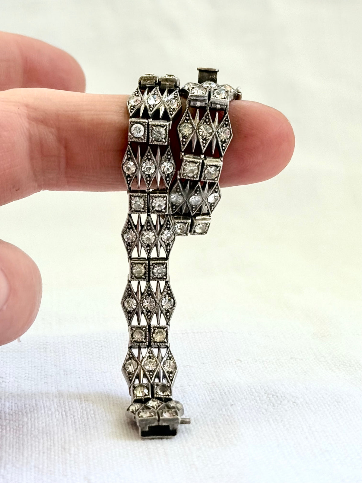 .1930s .1940s .925 Art Deco style diamond paste stone triple fancy link tennis style sterling silver tennis clasp bracelet