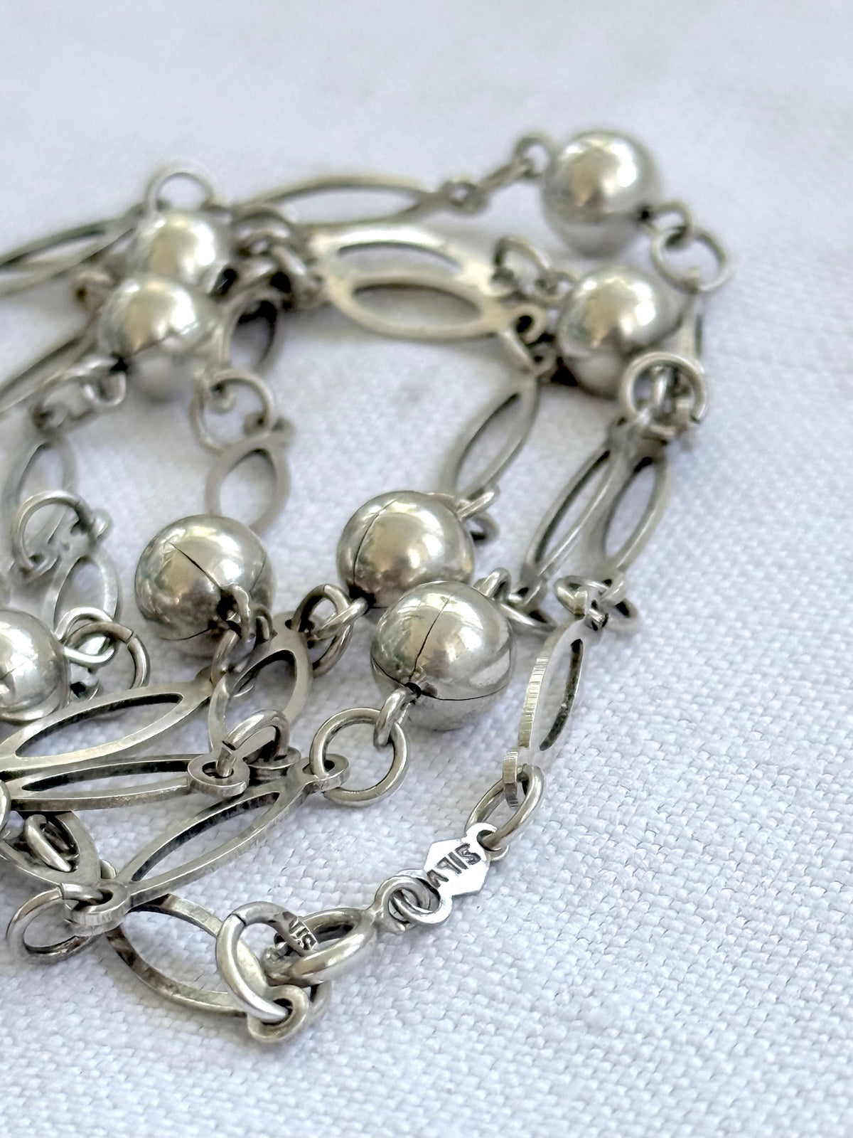 .1960s .1970s .89cm long .925 vintage fancy ball and navette oval form long silver fancy link chain necklace