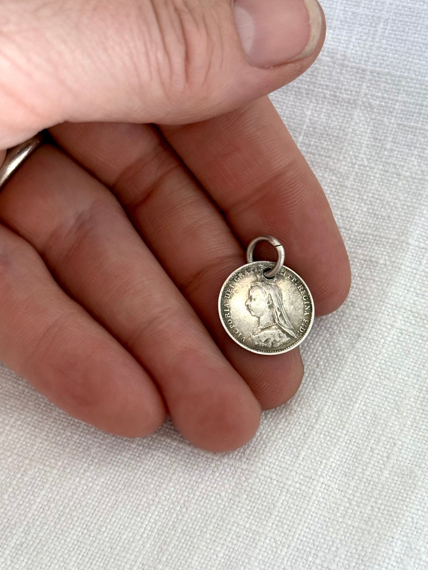 .1880s .3 pence .925 sterling silver Queen Victoria Love token “You Little Duck” rare collectors coin pendant