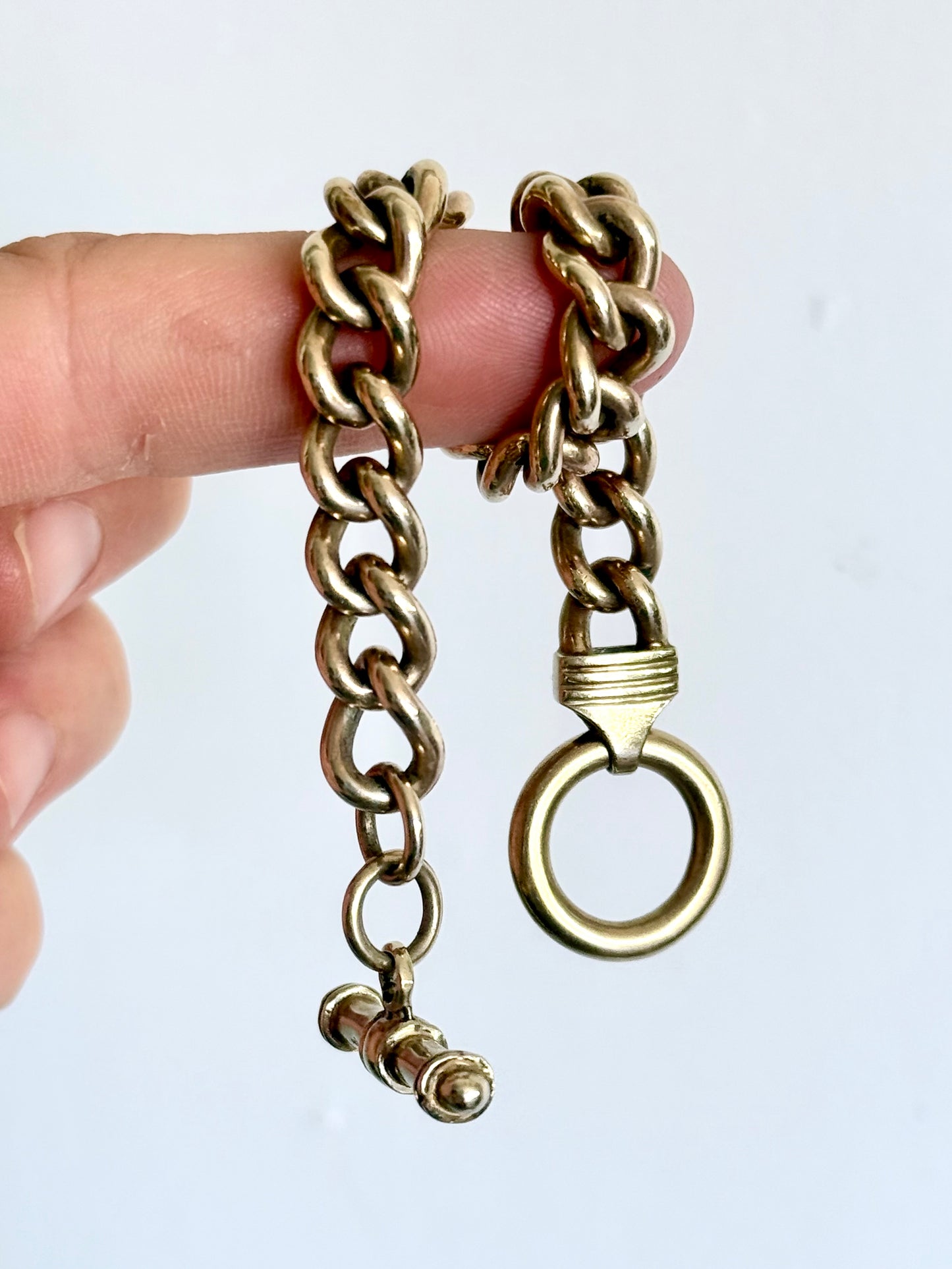 .375 .9ct yellow gold modernist chunky gold solid and heavy gold wide link t-bar toggle chunky fob chain curb bracelet