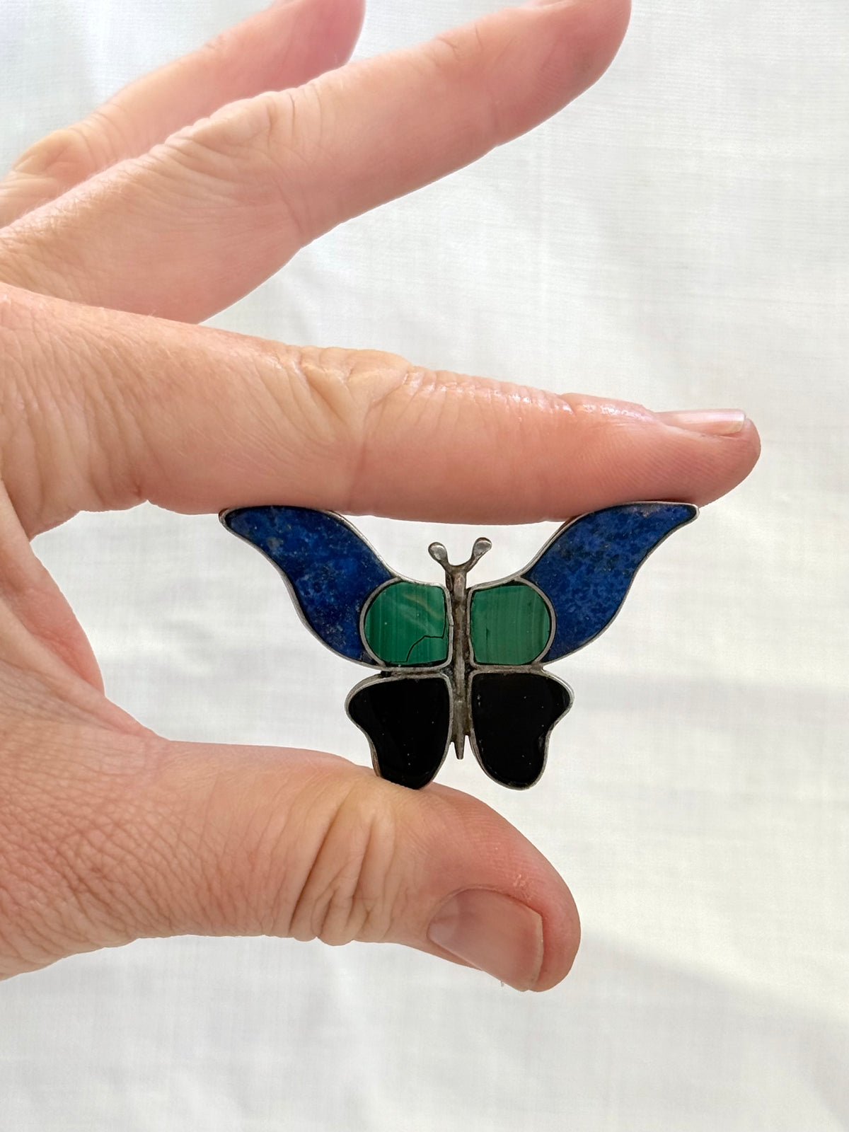 .1970s .1980s .925 South American Arts & Crafts Lapis Lazuli, Onyx, Malachite gemstone large butterfly brooch pendant treasure
