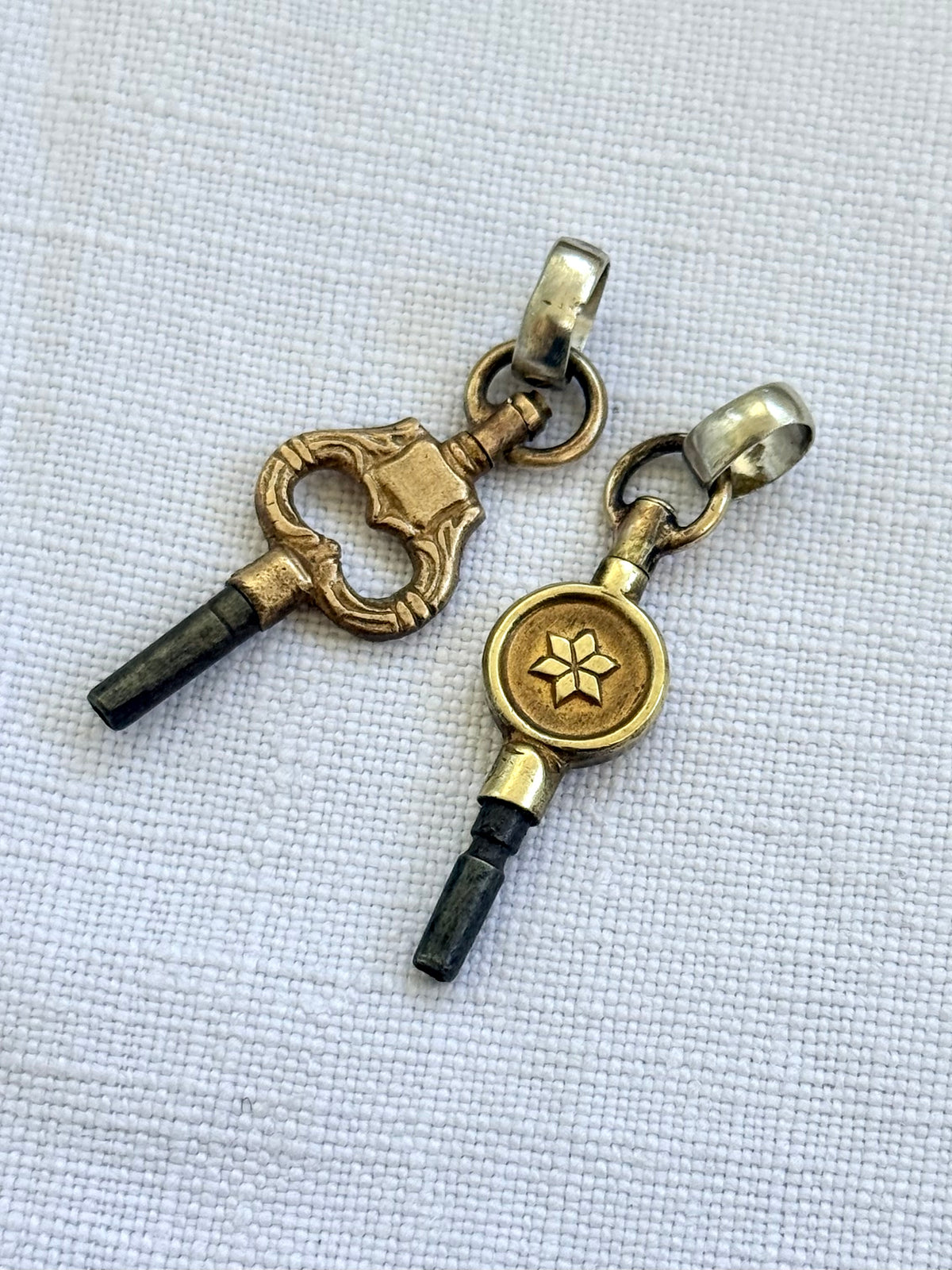 .1900s antique Art Nouveau brass watch winder key number 6 collectors silver fob pendant