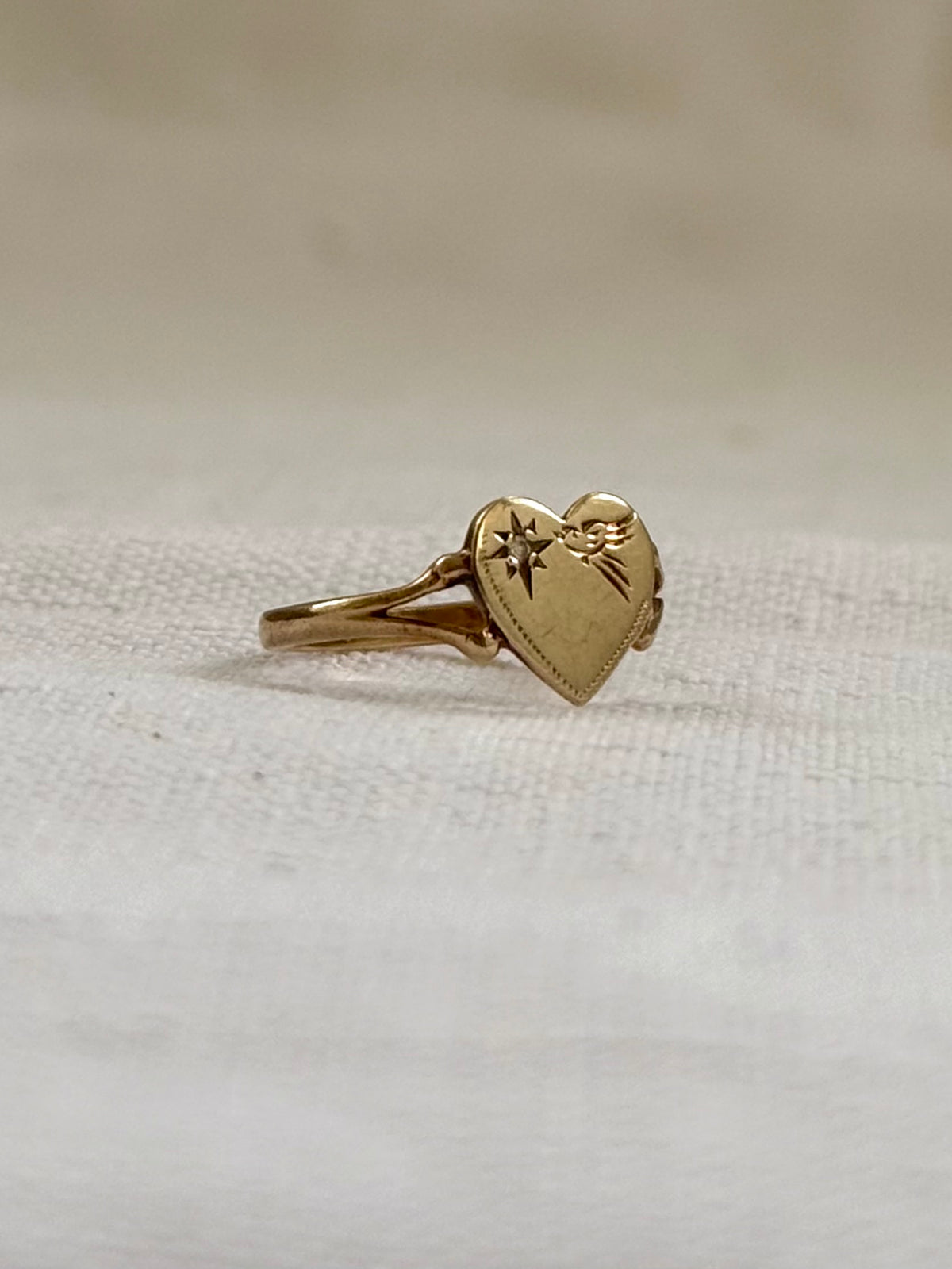 .375 .9ct gold heart token diamond starburst sweetheart love token swallow bird heart ring