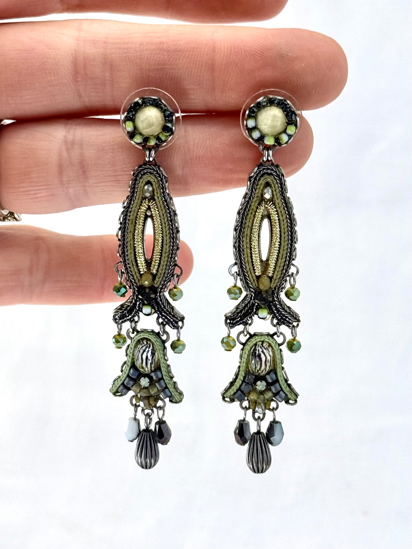 Ayala Bar Designer forest green silver and gold hand made Indigo designer range drop chandelier artisan earrings