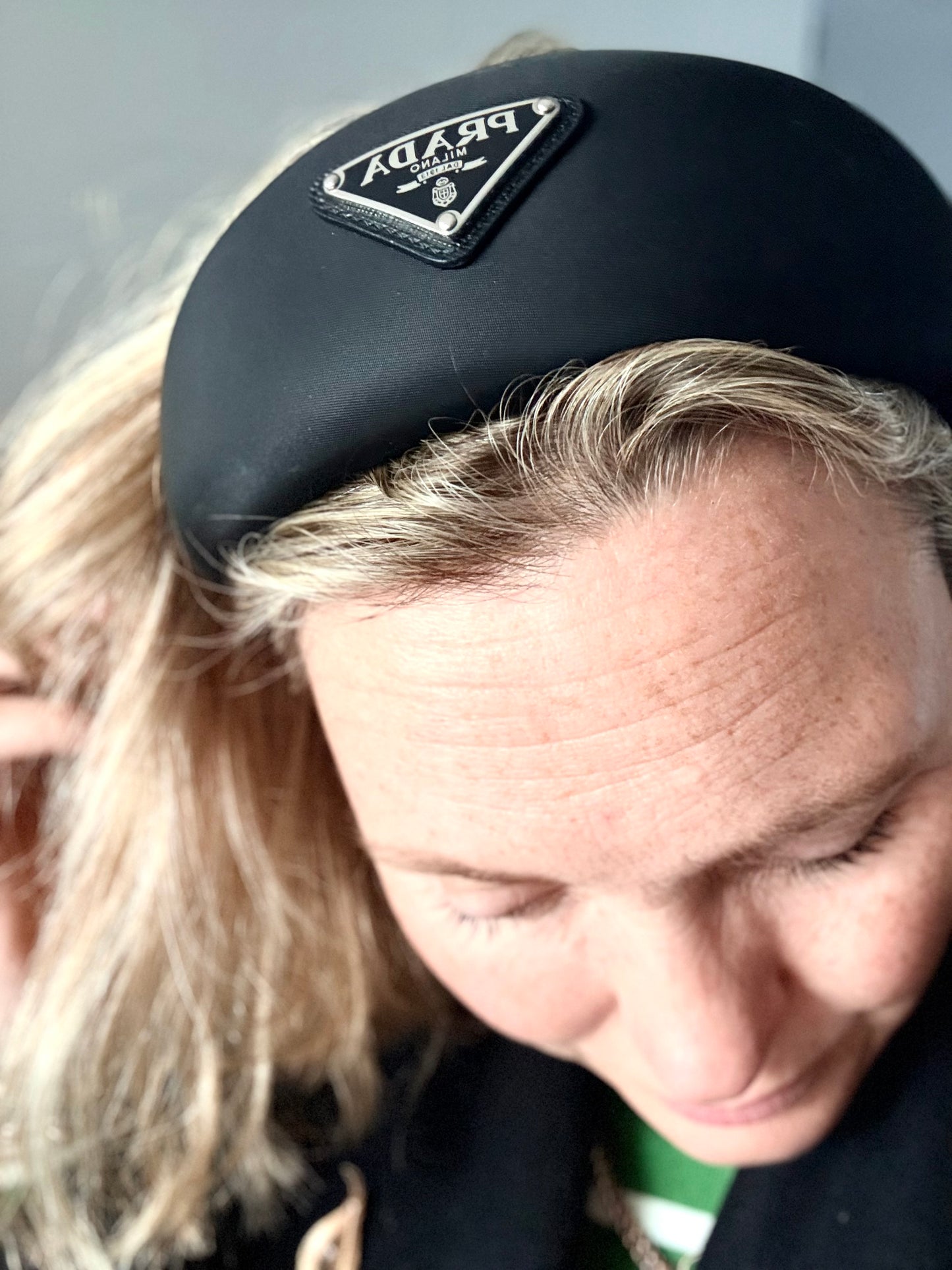.1990s .2000s designer PRADA black hair accessory Triangle logo RE-NYLON oversized puffy headband