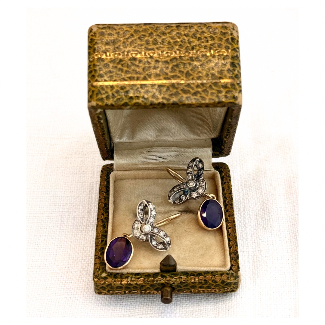 .1880s 1900s .18ct gold antique Belle Epoque Amethyst Diamond and pearl bow and ribbon Collier 750 marked necklace and earring set