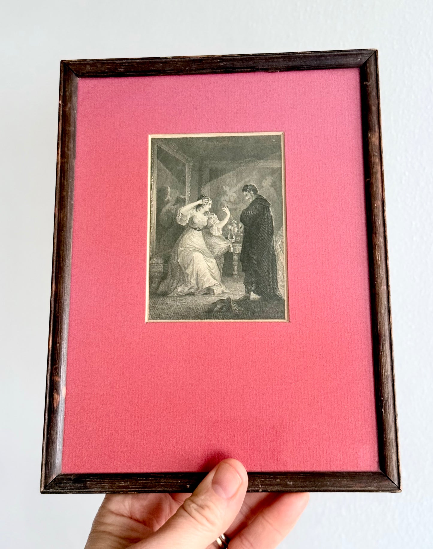 .1800s .1850s antique bookplate steel engraving framed Romantic Gothic literature scene depiction
