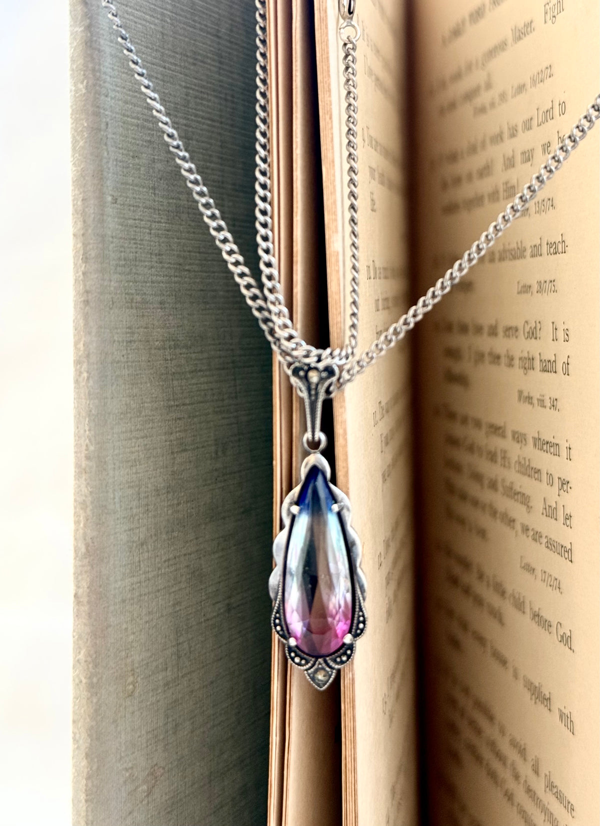 .1920s .1930s .830 silver Art Deco Iris Glass marcasite gemstone pendant on chain