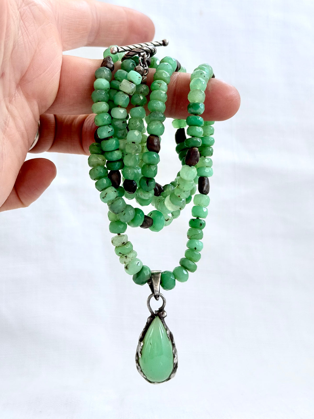 .925 boho Chrysoprase green hand faceted double gemstone necklace