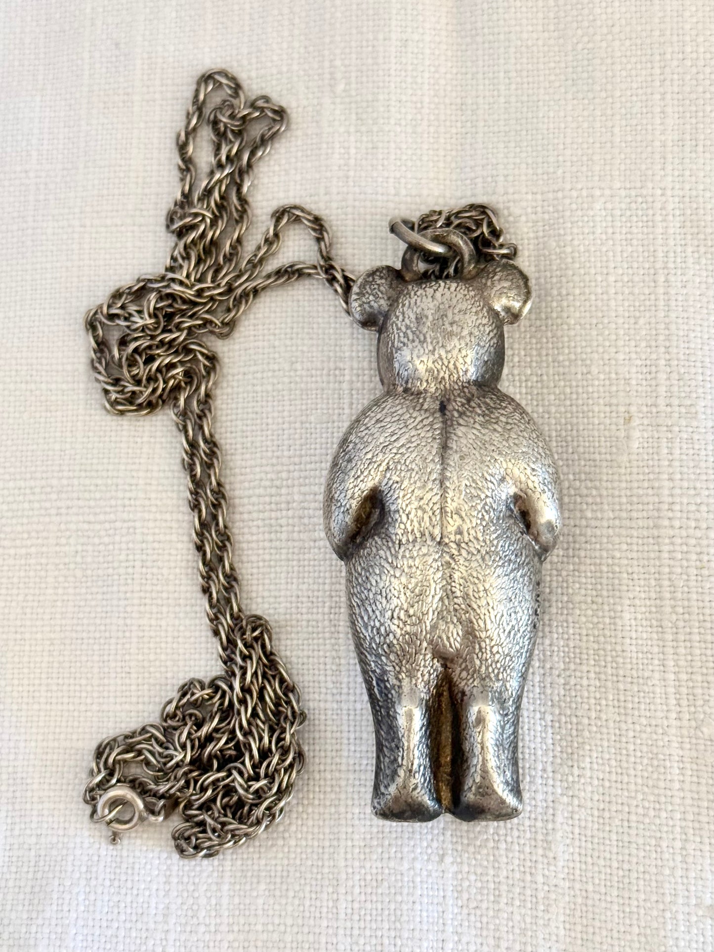 .1910s .1920s Art Nouveau figural collectors bear rattle baby rattle pendant on long silver chain