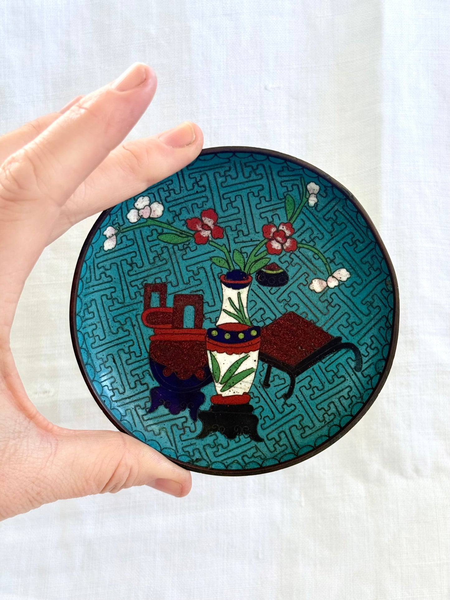 .1940s .1950s .2 plate Chinese Oriental cloisonne enamel plates with antique wooden display stand