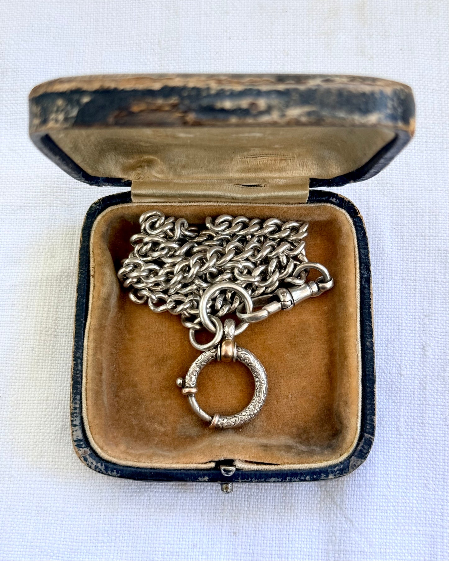 .1900s .1910s .900 .925 silver antique Edwardian solid sterling silver fob chain watch chain curb chain with rare fancy oversized bolt ring spring clasp