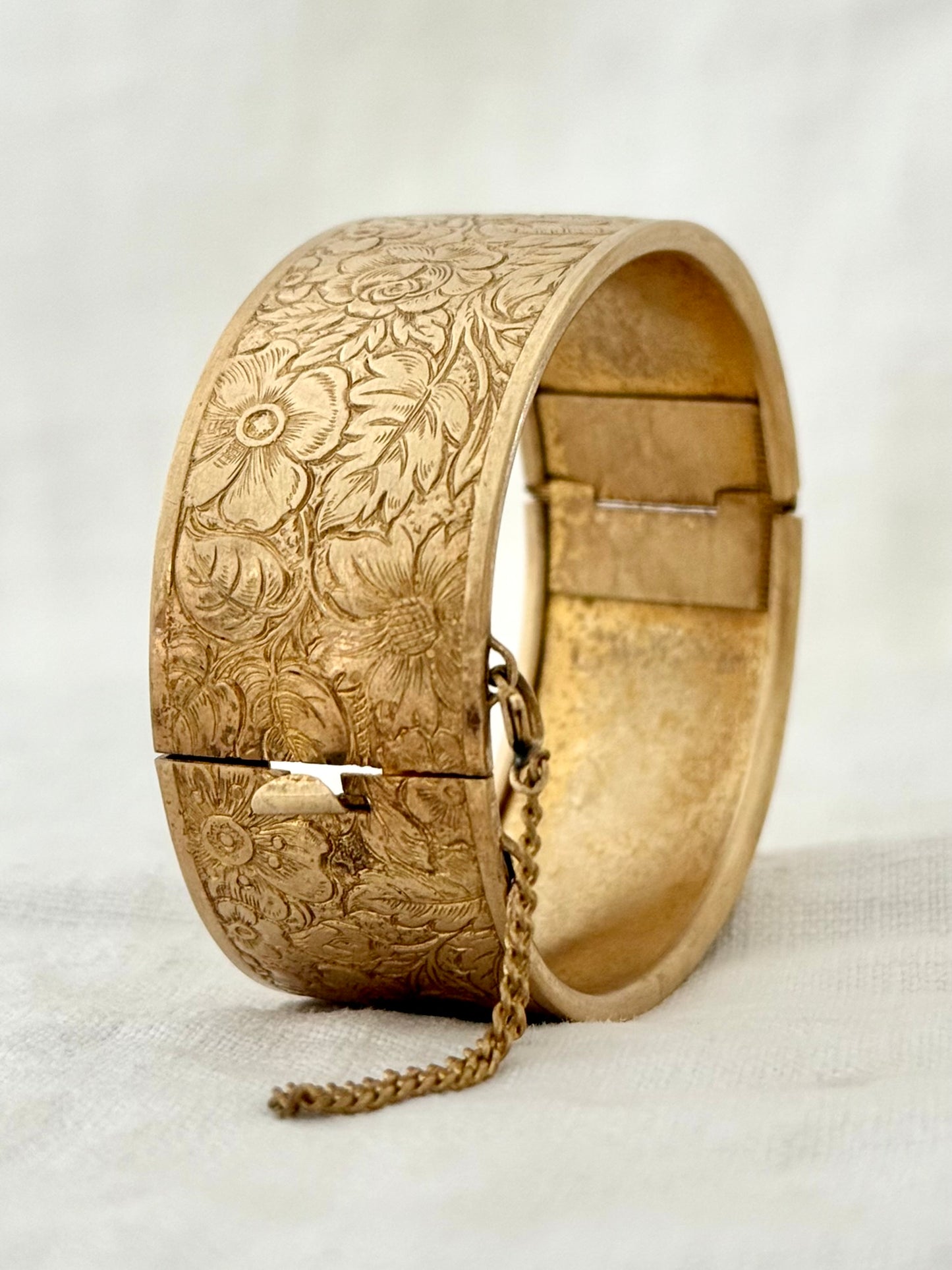 .1900s .1940s Victorian revival Dog Rose floral flower hand engraved gold plated brass romantic clasp bangle