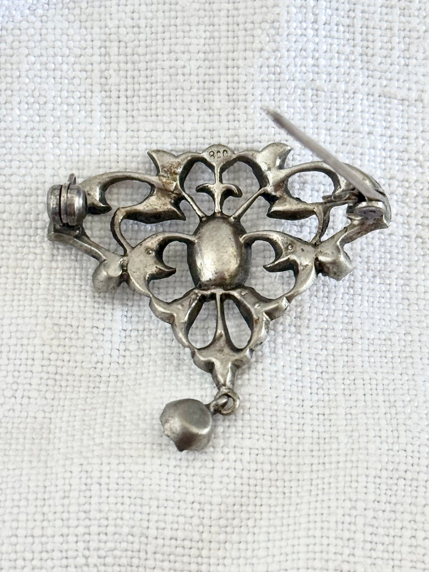 .1890s .1900s Belle Epoque rare Art Nouveau diamond paste floral leaf articulated dangle Edwardian era 800 silver leaf laurel paste gemstone brooch
