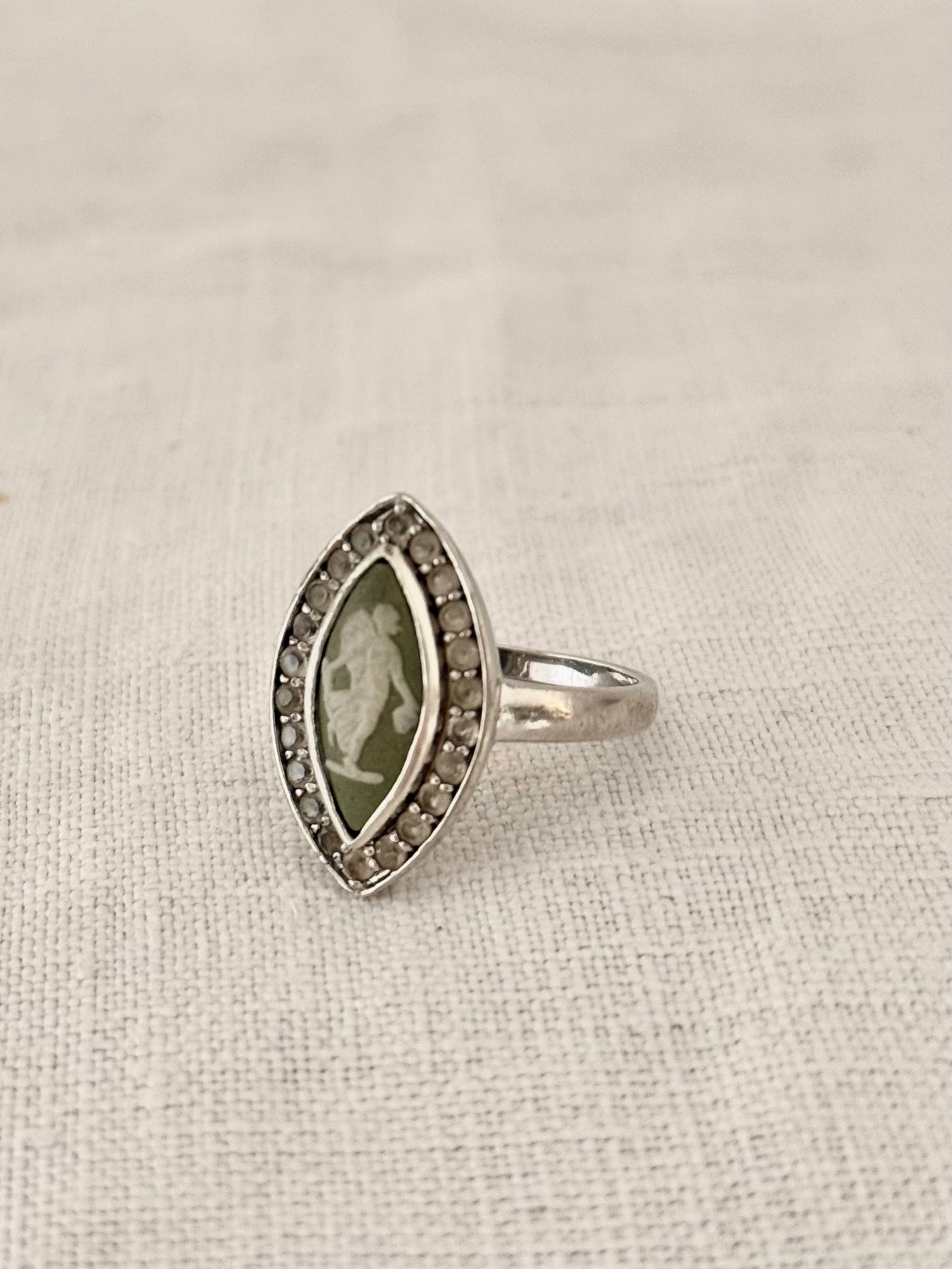 .1970s .925 dancing dame Grecian style moss green Jasperware high relief Wedgwood cameo set into modernist clear gemstone naiveté sterling silver dress ring