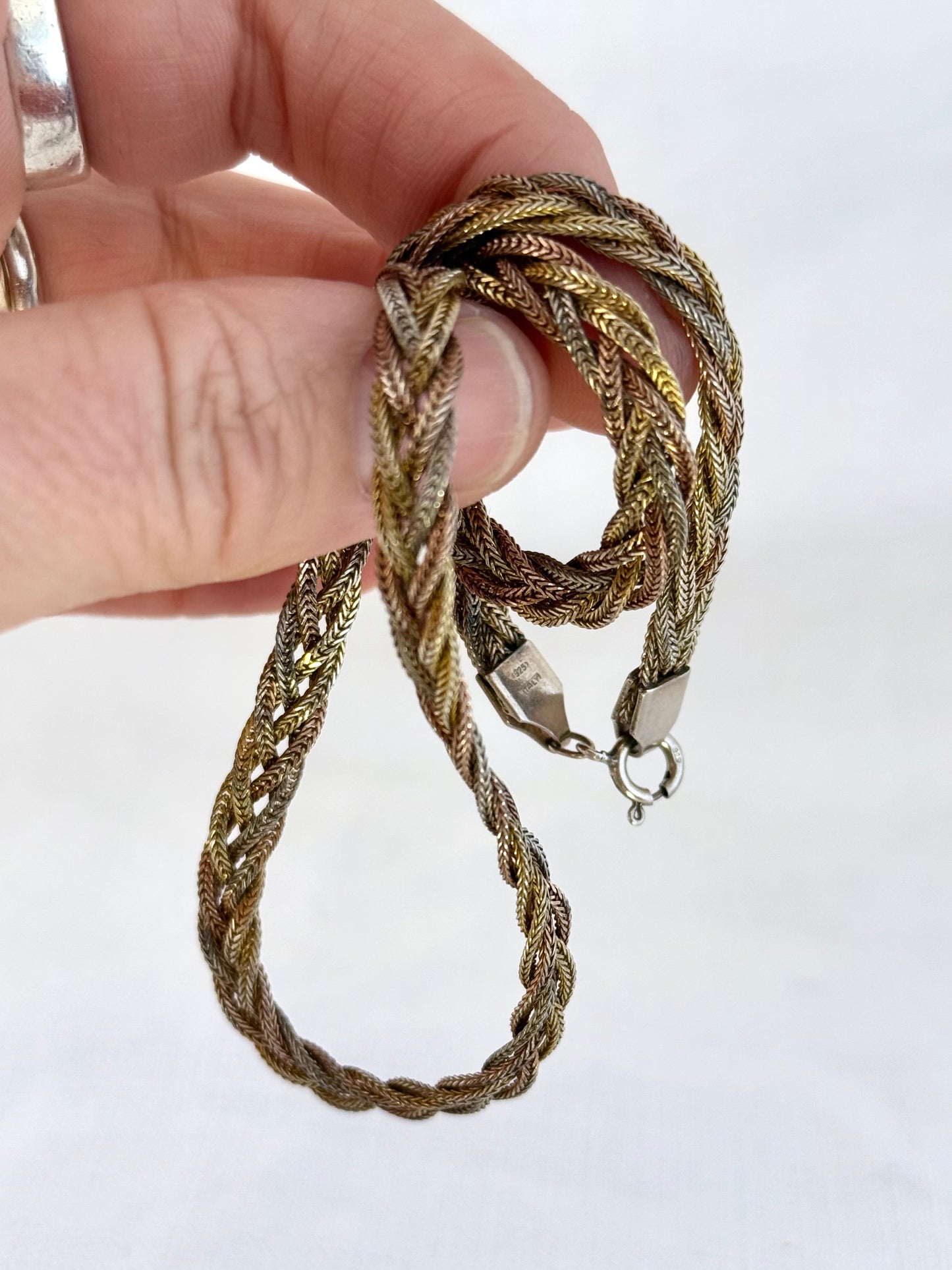 .1970s .925 trinity tri colour silver gold weave necklace and bracelet jewellery set unit