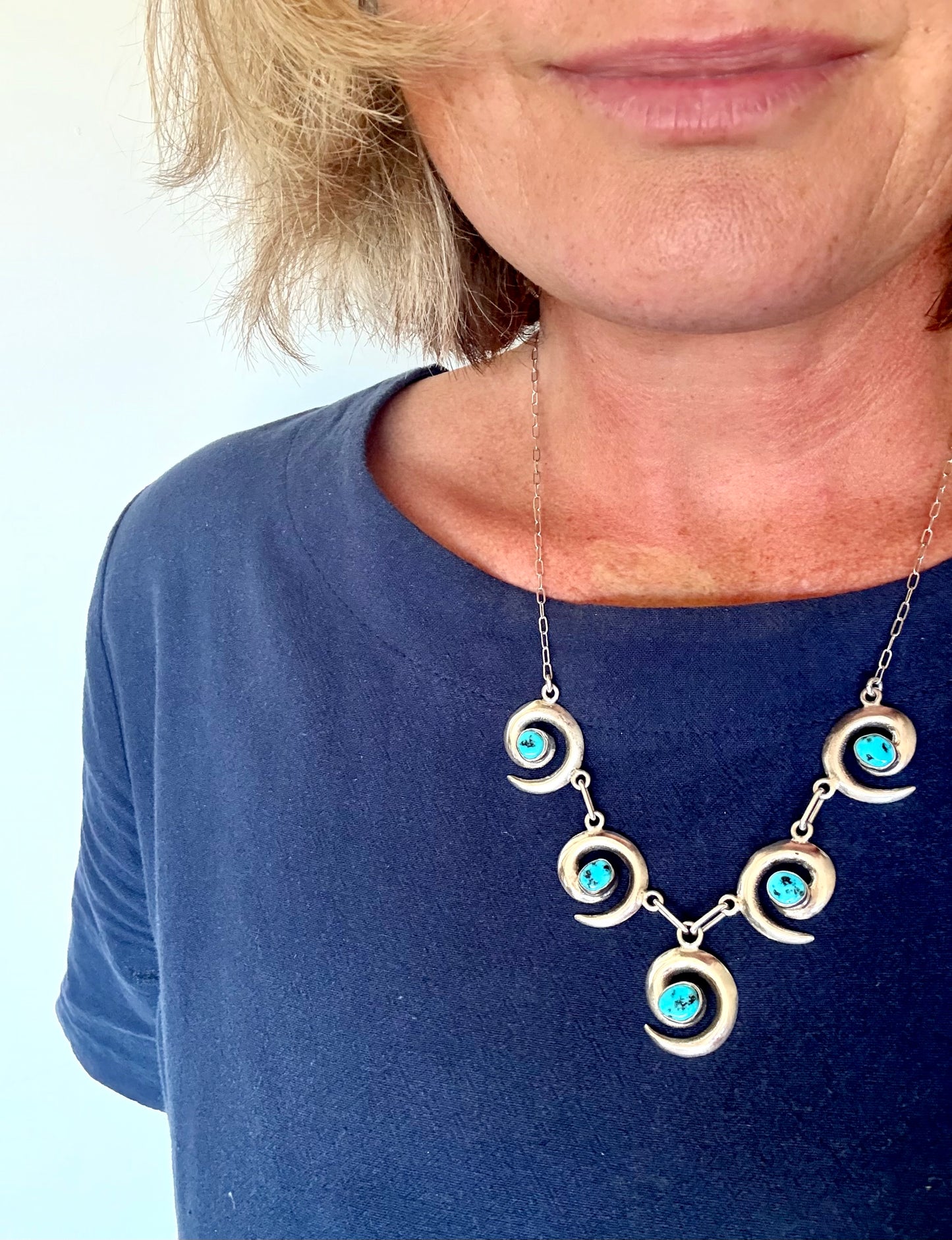 .1970s .925 artisan made Navajo silversmith turquoise silver swirl pattern necklace and designer Mildred Parkhurst earring set