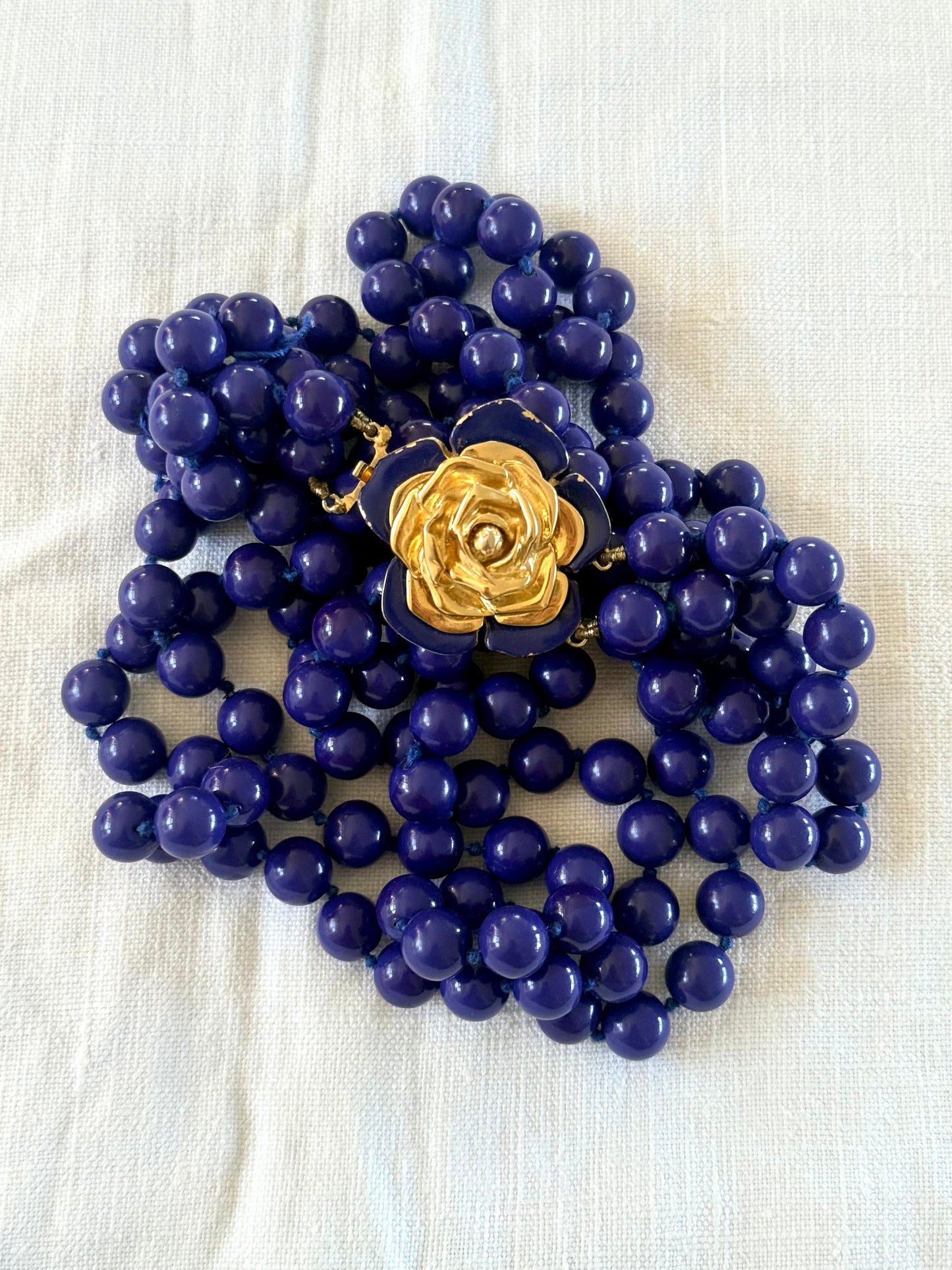 .100cm long .1980s Rare Yves Saint Laurent designer double long strand Lapis Blue Royal Blue Rose Flower gold tone floral clasp costume accent necklace