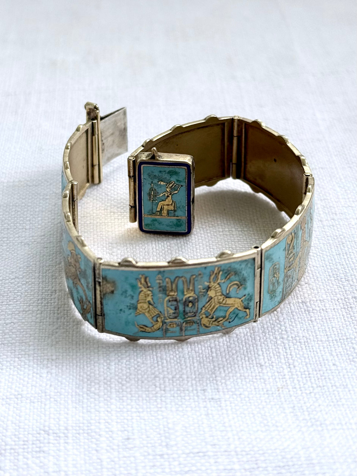 .1920s .935 Egyptian silver rare desired Egyptian revival gold gilded turquoise enamel 6 panel pictorial Pharaoh Egyptology enamel silver gold bracelet