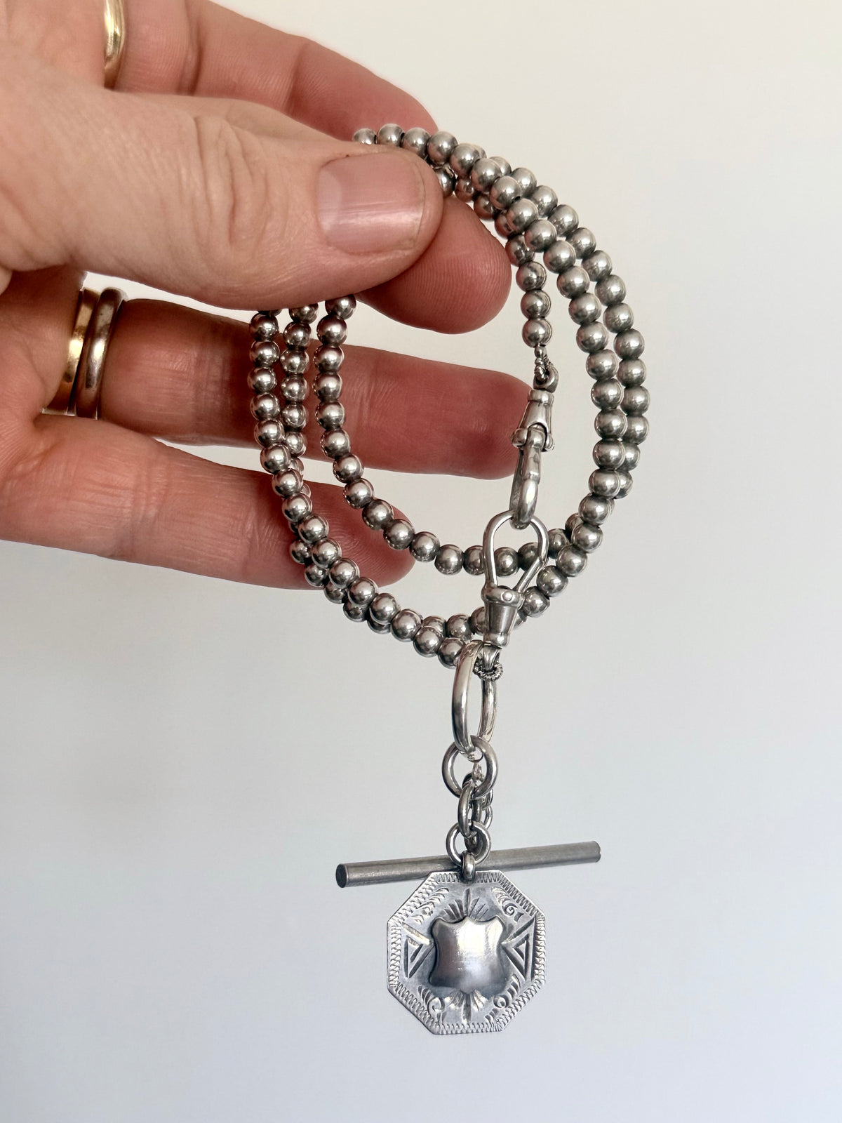 .925 antique revival modernist sterling silver bead chain fob chain t-bar medallion toggle chain necklace