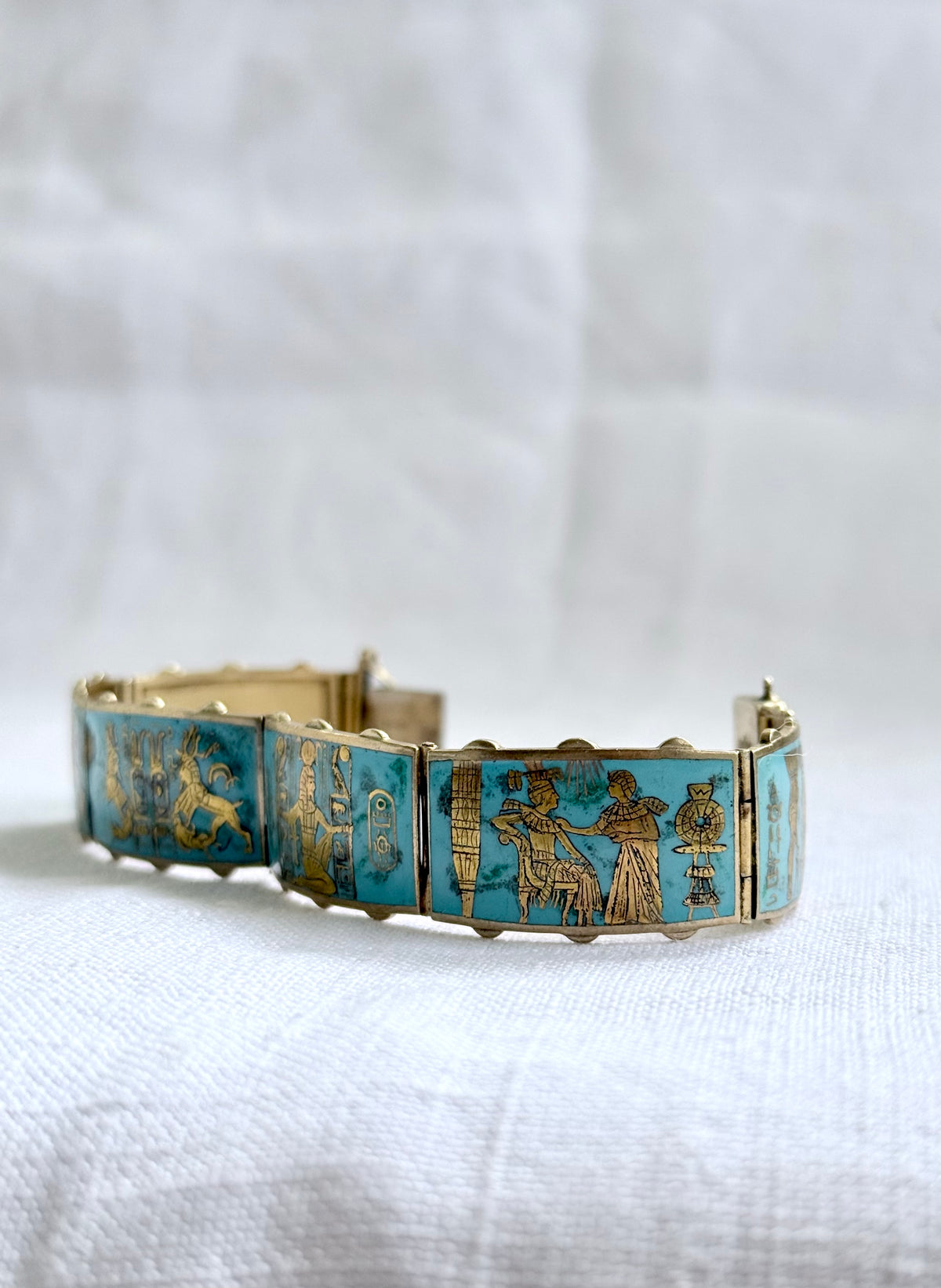 .1920s .935 Egyptian silver rare desired Egyptian revival gold gilded turquoise enamel 6 panel pictorial Pharaoh Egyptology enamel silver gold bracelet