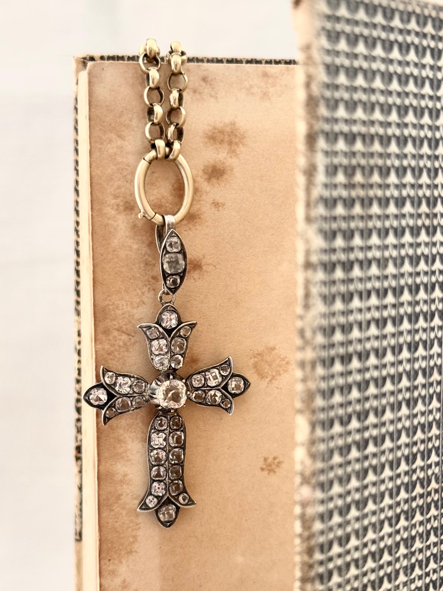 .1860s .1870s antique French silver collectors treasure Fleur de Lis Rock Crystal cross pendant