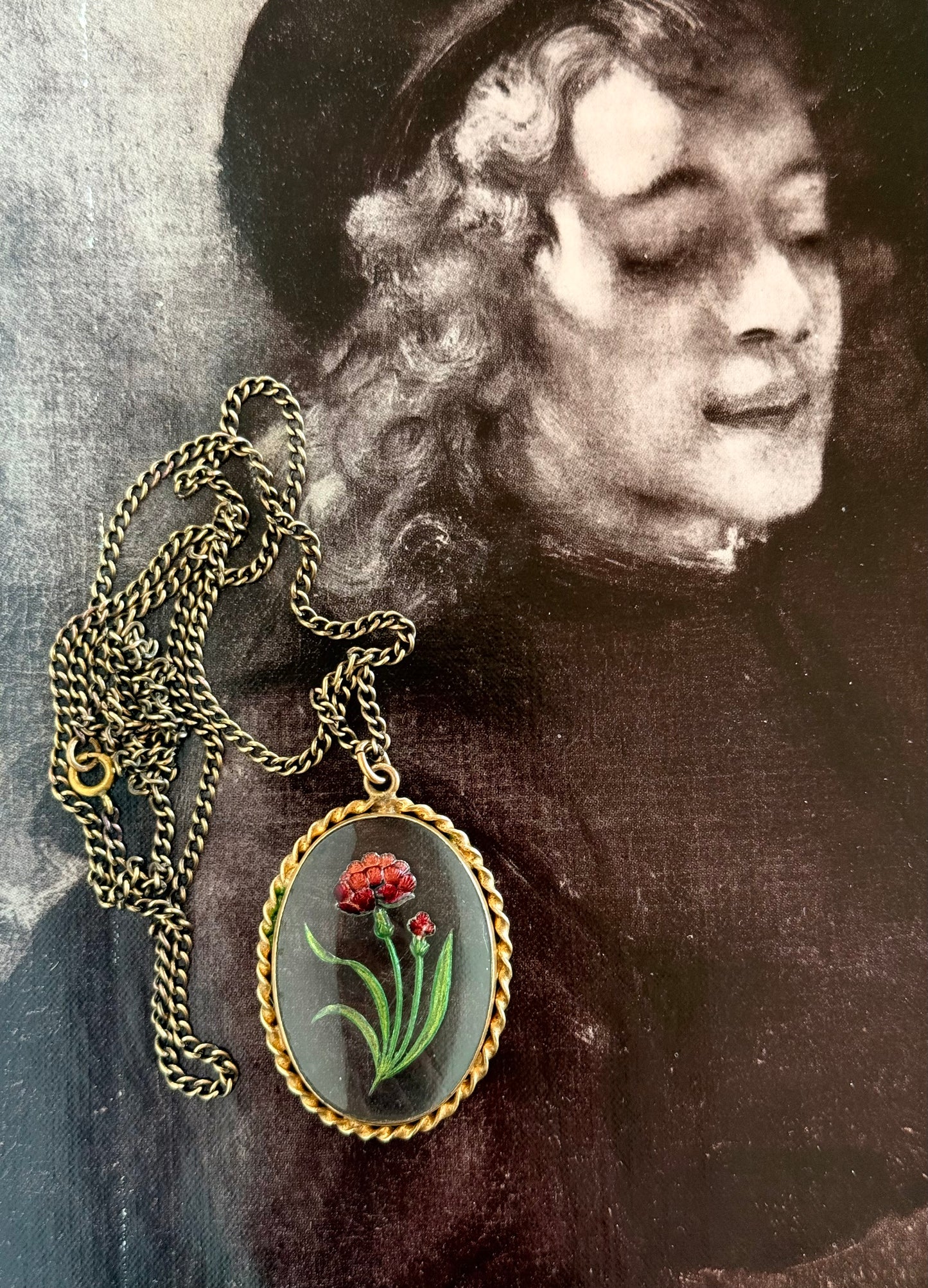 .1900s .1920s antique artisan reverse glass Carnation flower hand painted floral glass cabochon pendant