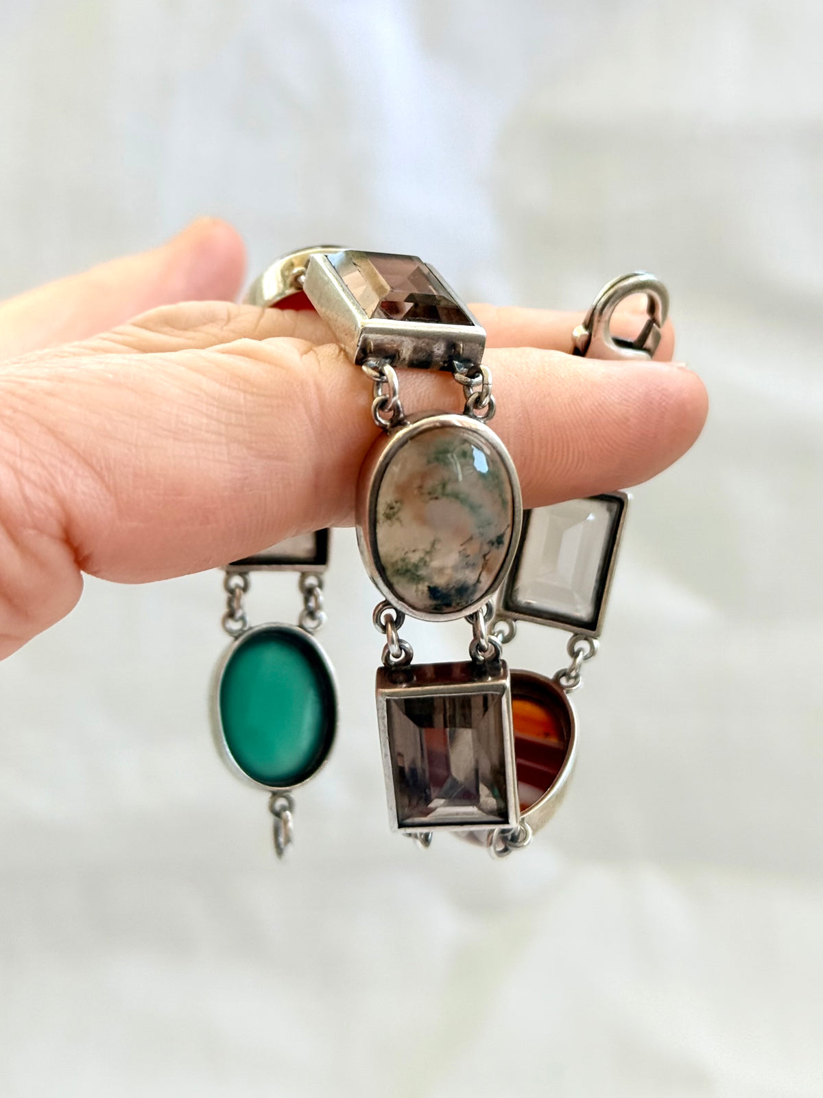 .1990s .2000s .8 stone .925 silver chunky statement artisan made Modernist gemstone links segment bracelet
