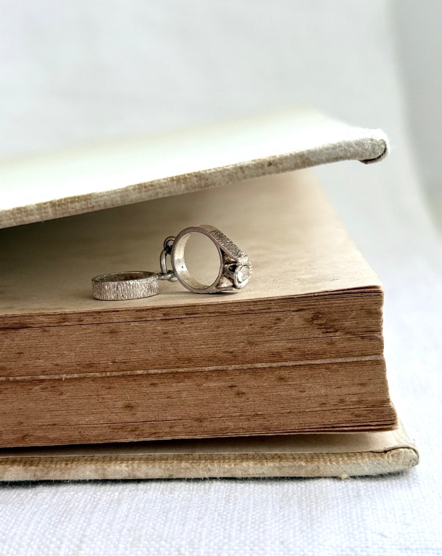 .1970s .925 Miniature wedding ring commitment ring silver retro diamanté ring token charm pendant
