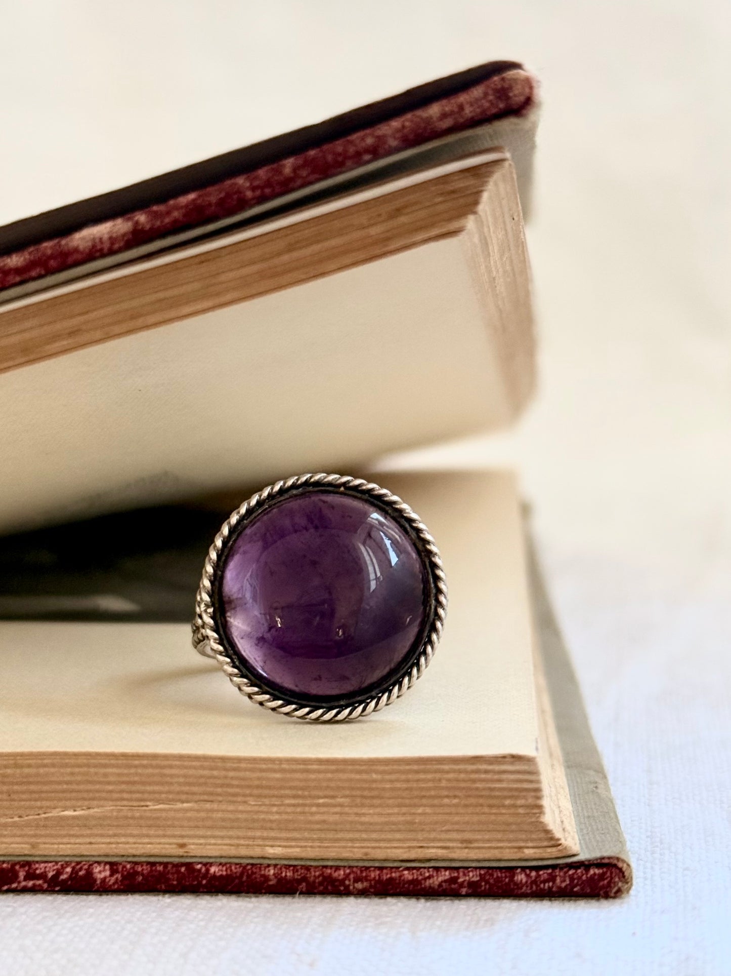 .925 Amethyst cabochon artisan made February birthstone hand crafted large traditional silver craftsman sterling silver statement ring