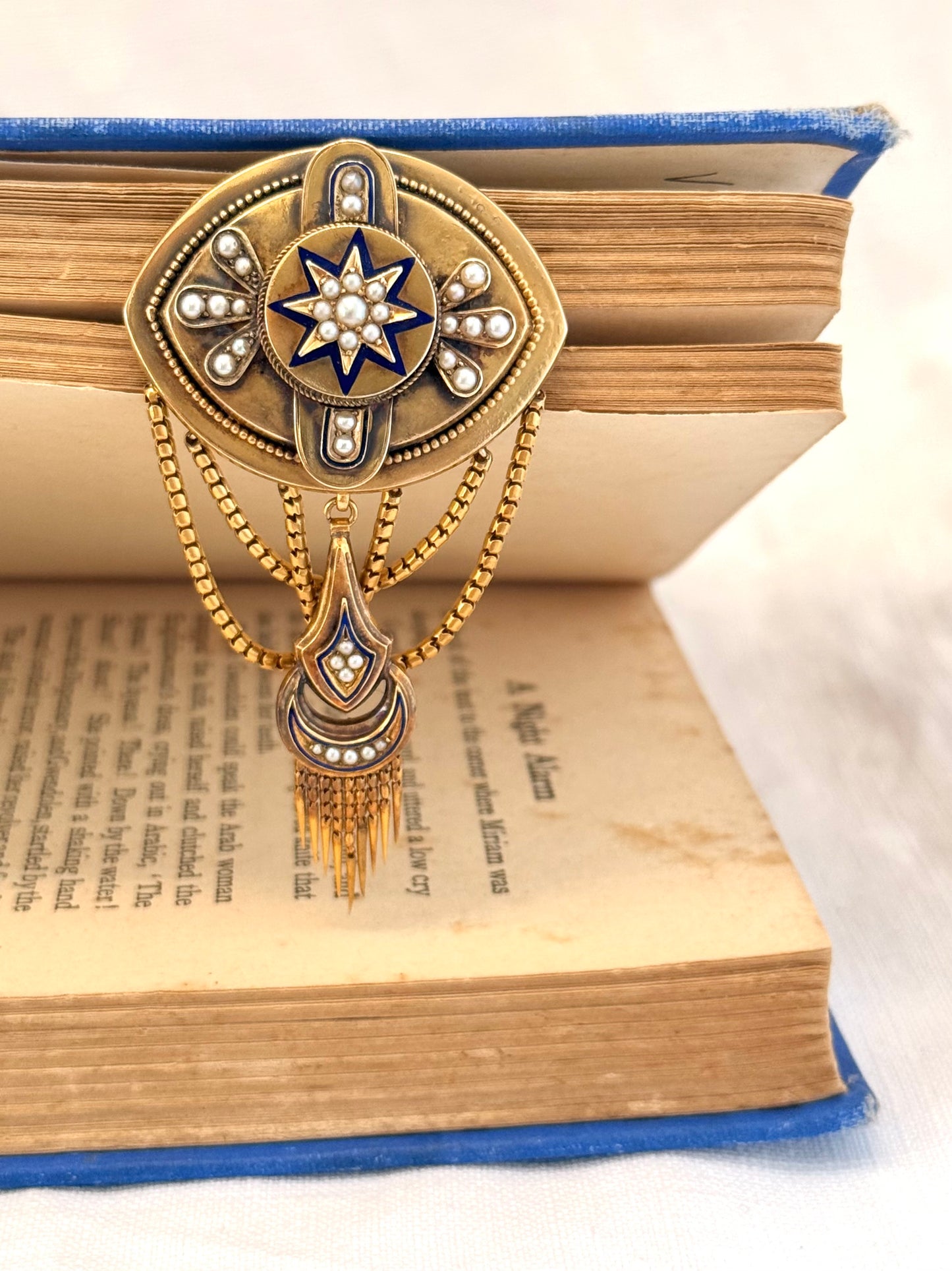 .1800s antique Etruscan revival high carat gold pearl royal blue enamel high carat gold tassel memorial Victorian rare heirloom navette shaped gold brooch
