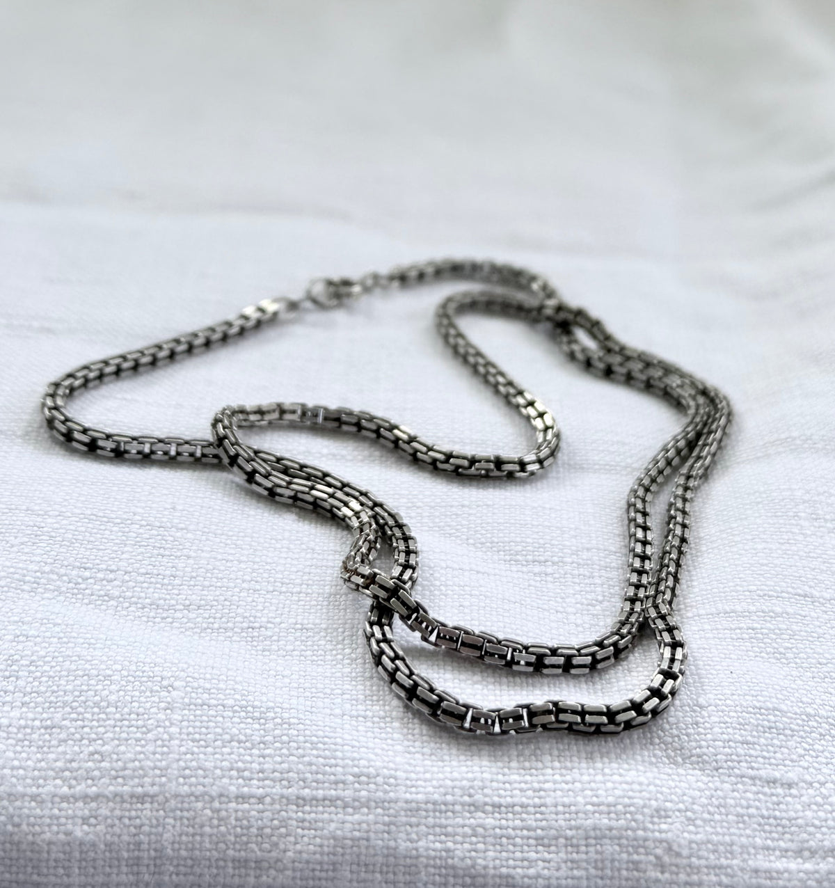 .58cm long .925 fancy box chain silver Mid Century Modernist chunky double link thick and long box link sterling silver chain necklace