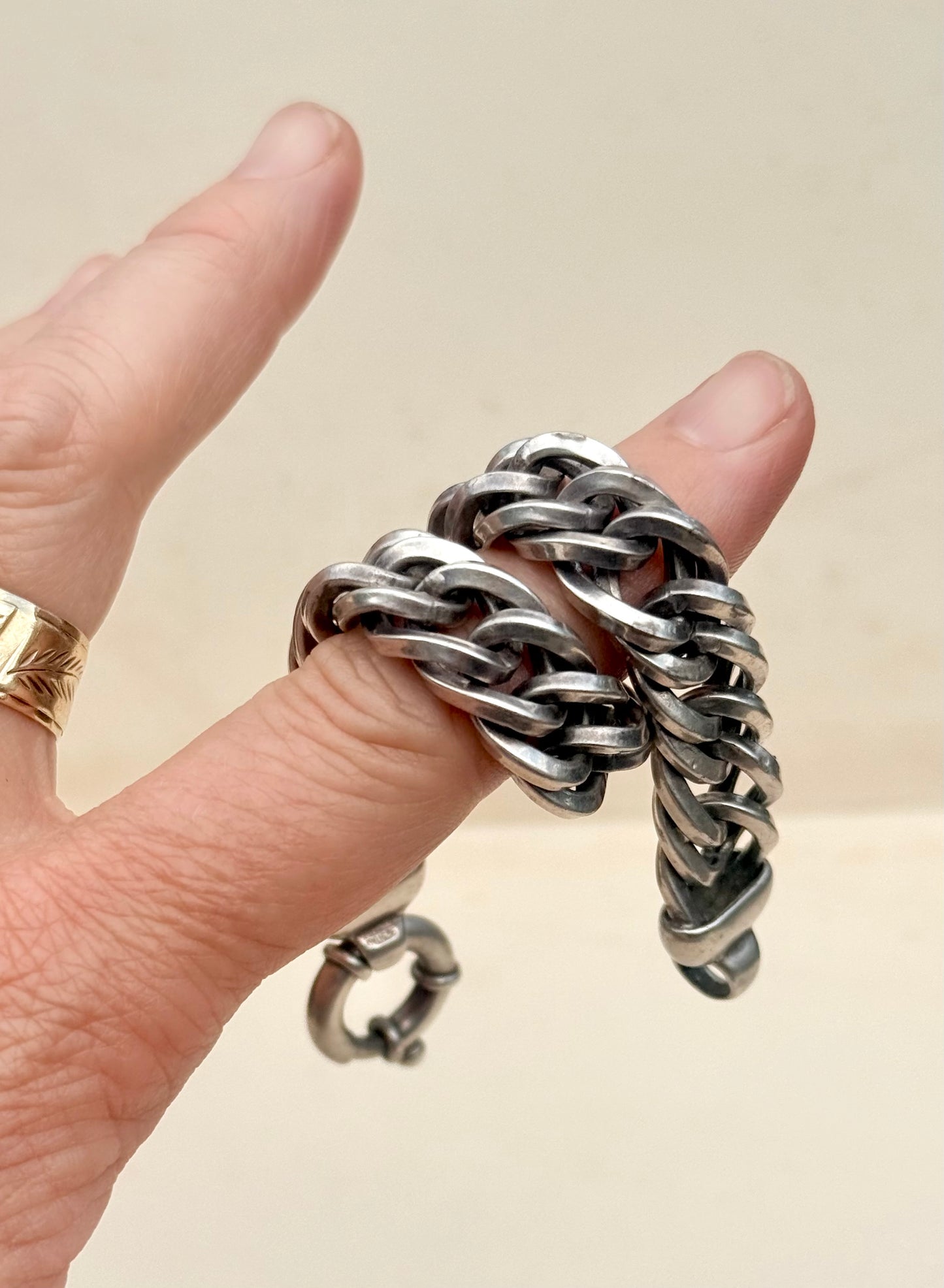 .1980s .1990s ultra chunky “fat boy” .925 wide link curb link chunky fish bone link sterling silver signoretti clasp bracelet