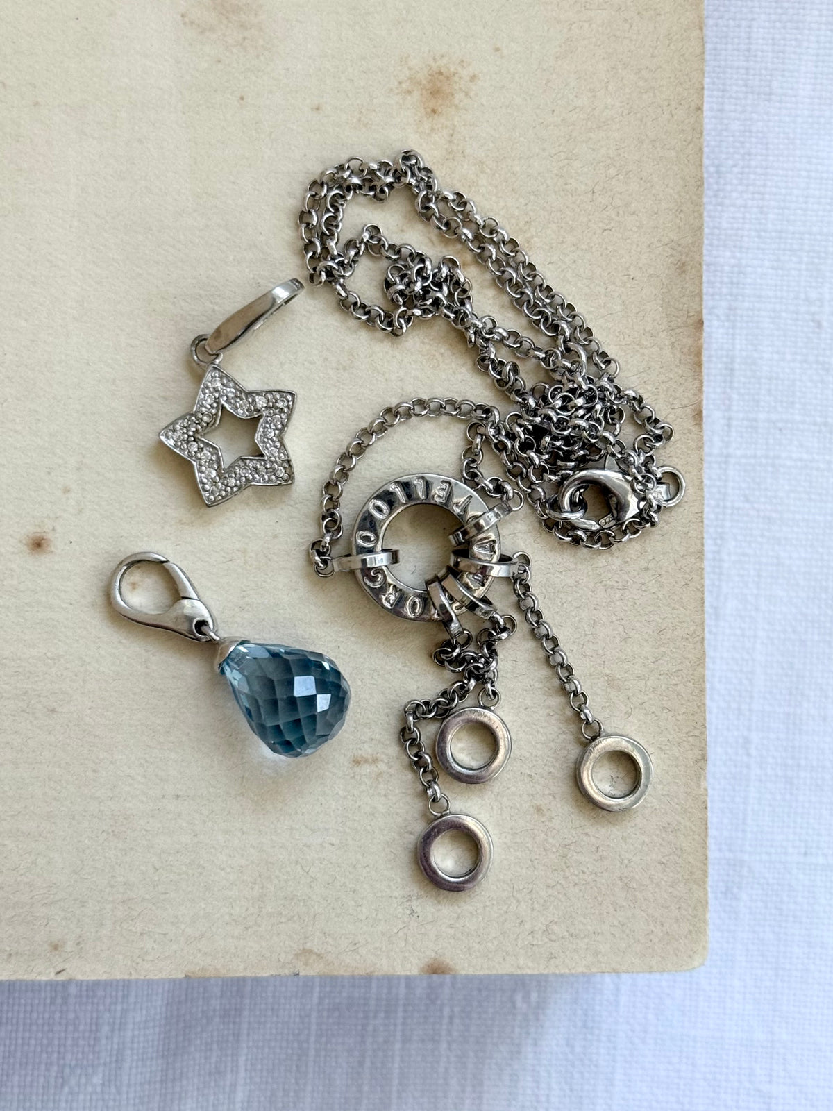 .925 Italian Giorgio Martello of Milano Italy blue teardrop crystal charm faceted briolette aqua blue clip on dangle