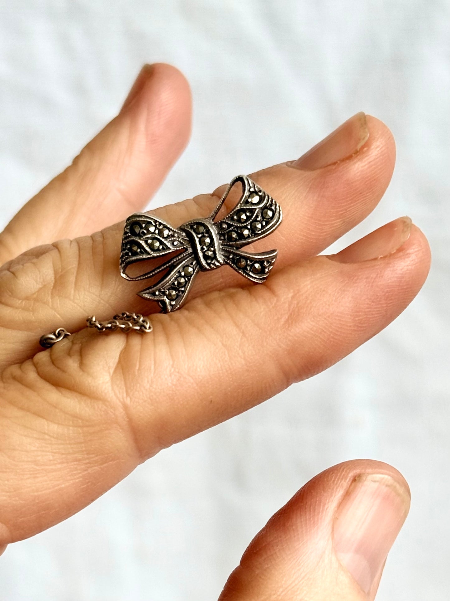 .1930s .1940s Art Deco revival Bow Ribbon silver Marcasite gemstone sweetheart brooch lapel pin