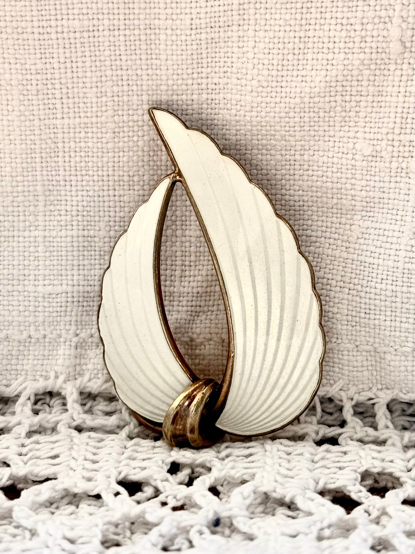 .1940s .925 Albert Scharning Norway silver and ice white guilloche enamel Viking leaf Scandinavian mid century modern designer brooch pin